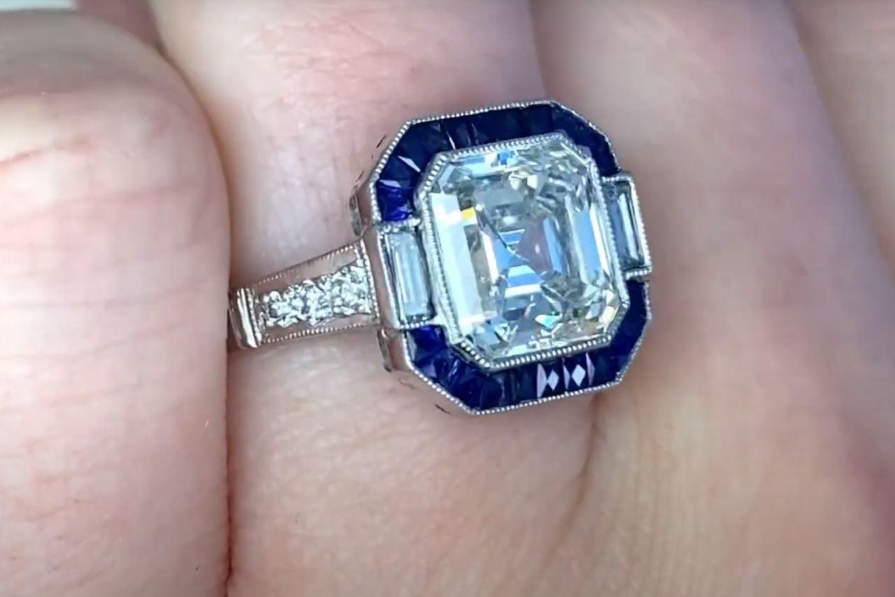 Women's GIA-Certified 3.08ct Asscher Cut Diamond Engagement Ring, Sapphire Halo, VVS1 For Sale