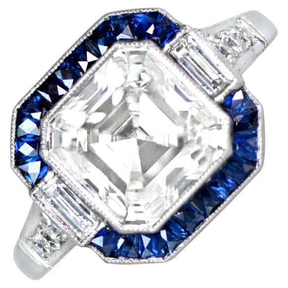 GIA-Certified 3.08ct Asscher Cut Diamond Engagement Ring, Sapphire Halo, VVS1 For Sale