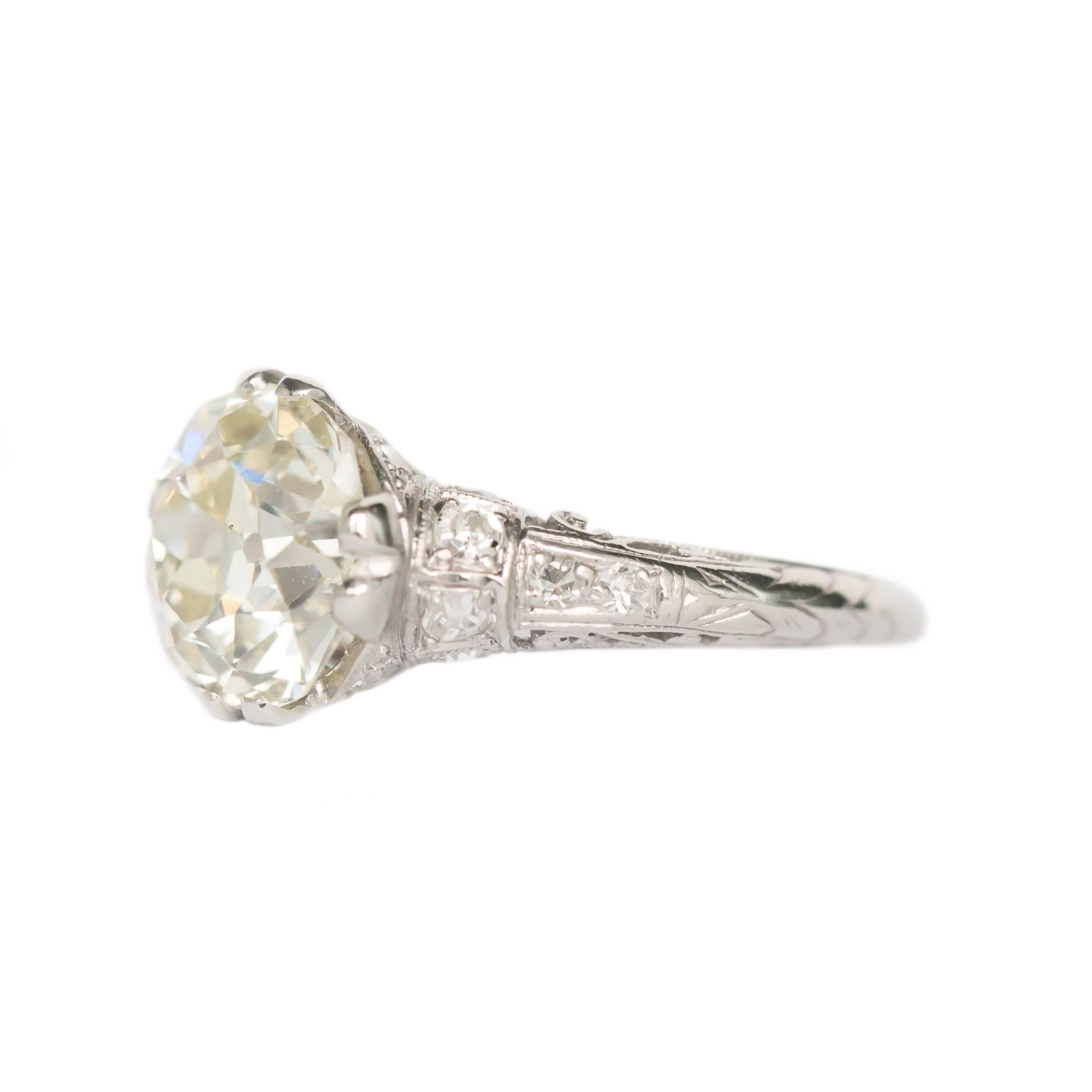 Item Details: 
Ring Size: 6.25
Metal Type: Platinum 
Weight: 4.1 grams

Center Diamond Details
GIA CERTIFIED Center Diamond - Certificate # 6193422254
Shape: Old Mine Brilliant 
Carat Weight: 3.09 carat
Color: O to P Range 
Clarity: VS2

Side Stone
