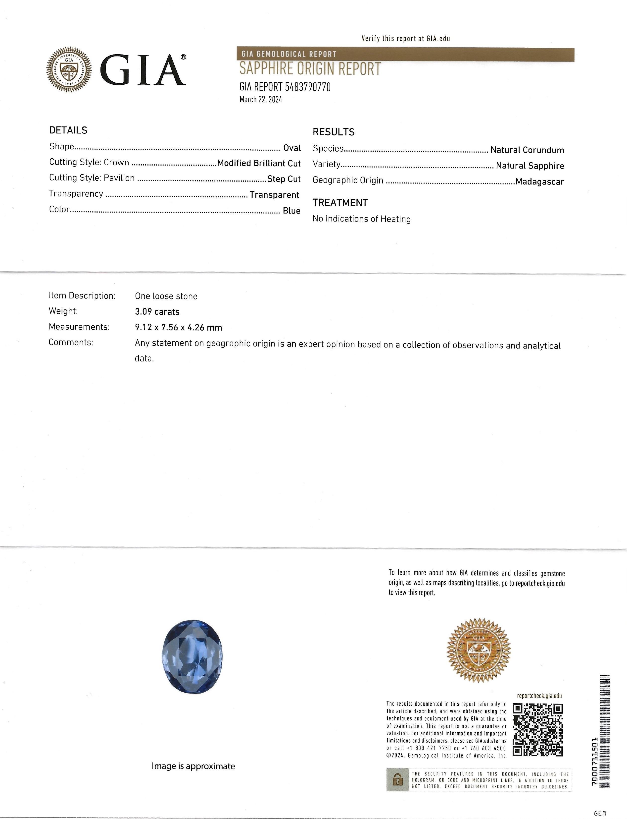 Anillo de platino con diamantes y zafiro ovalado de Madagascar de 3,09 quilates certificado por el GIA en venta 8