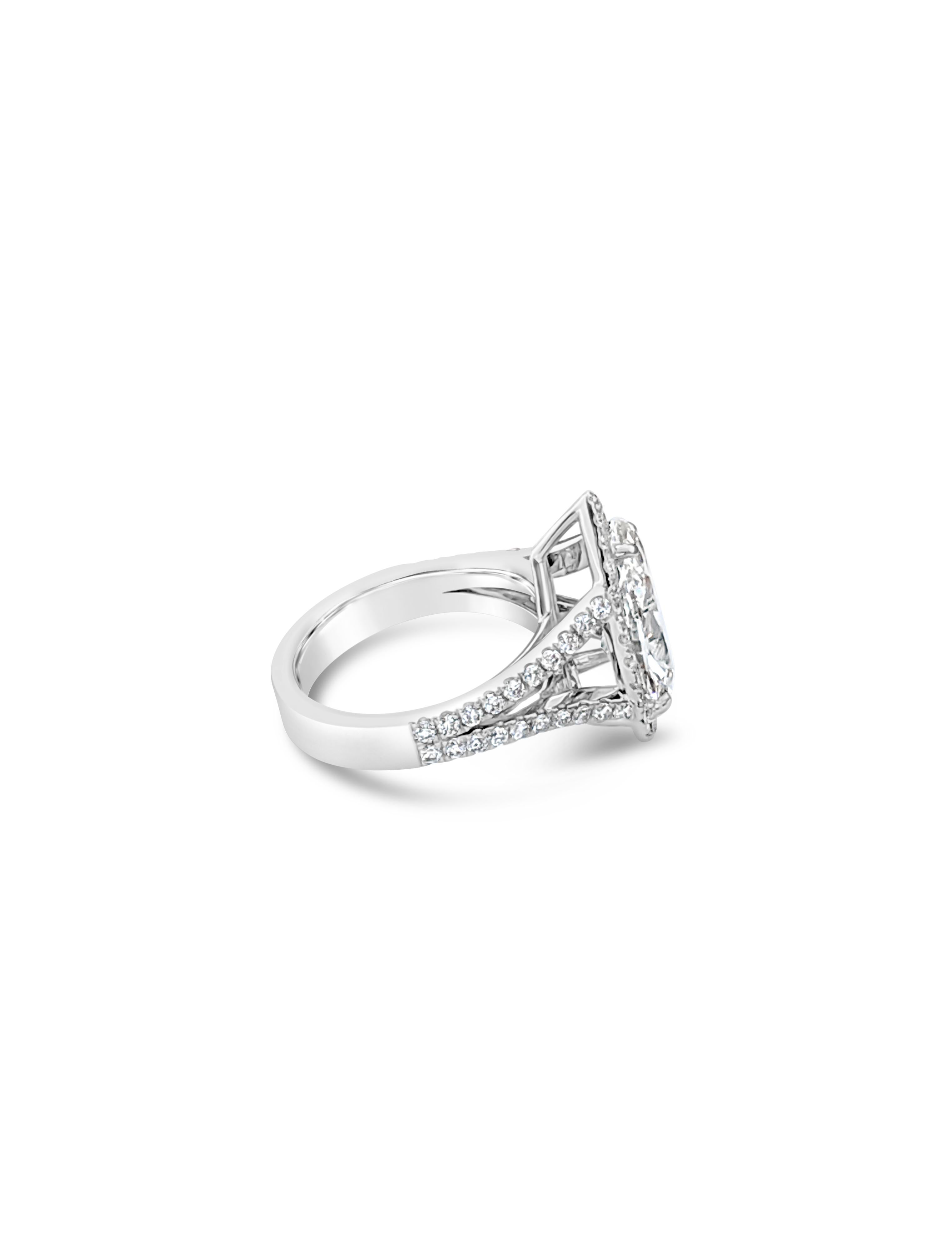 Modern GIA Certified 3.09 Carat Pear Shape Diamond Pavé Ring with Halo and Split Shank For Sale