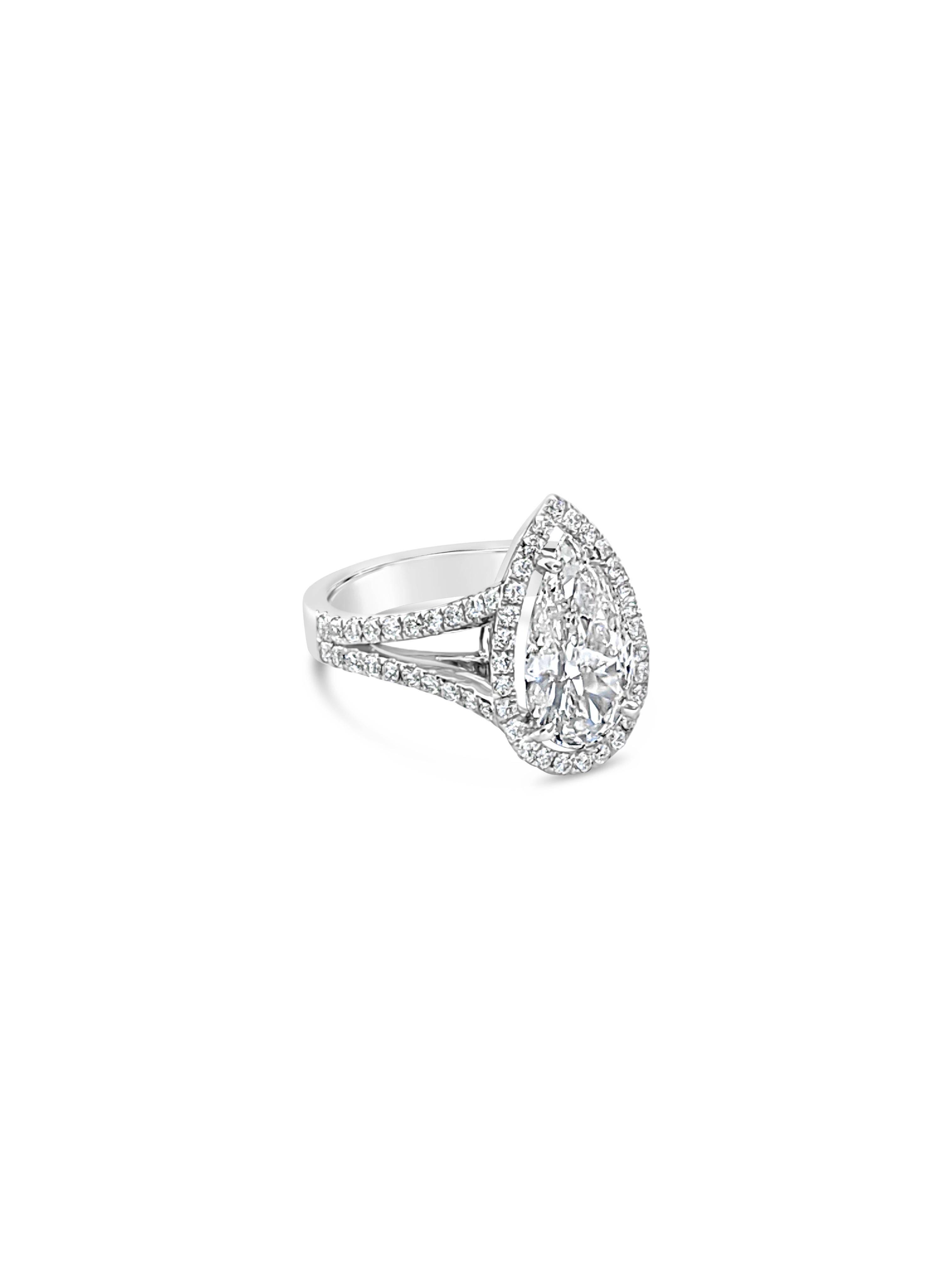 Pear Cut GIA Certified 3.09 Carat Pear Shape Diamond Pavé Ring with Halo and Split Shank For Sale