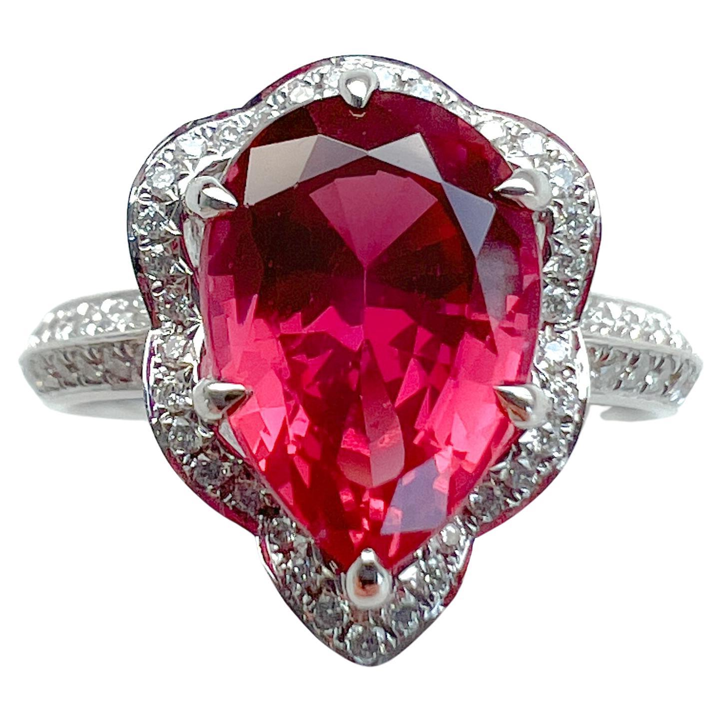 GIA Certified 3.09ct Red Spinel Cocktail Ring Ornate Halo For Sale