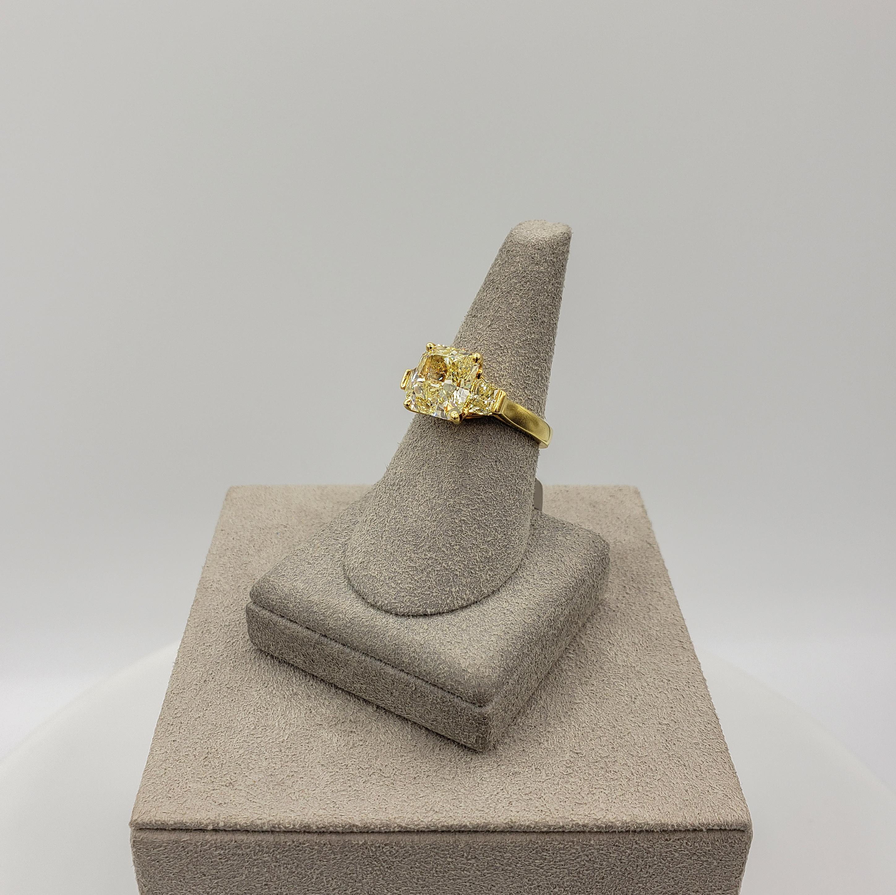 GIA Certified 3.10 Carat Radiant Cut Yellow Diamond Three-Stone Engagement Ring 2