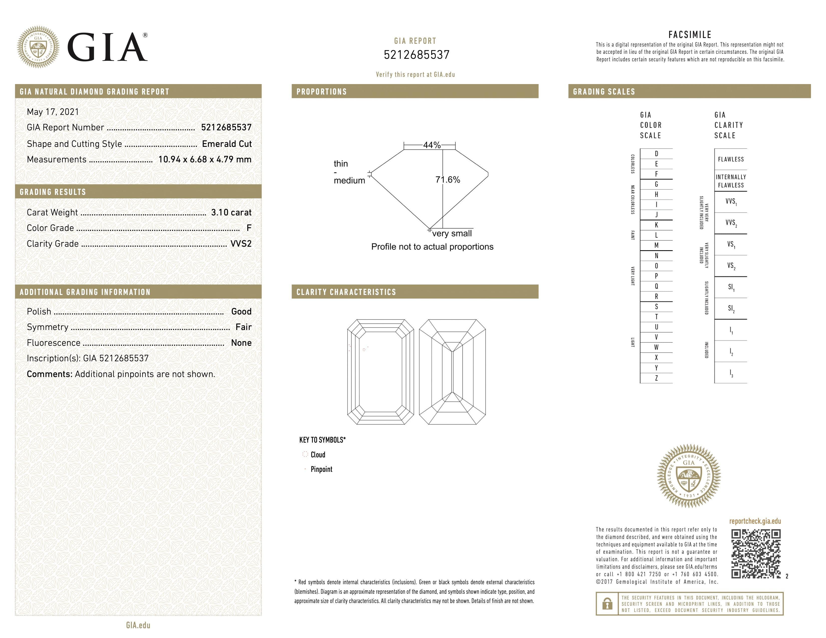 GIA Certified 3.10 F VVS2 Emerald Cut Diamond Solitaire Engagement Ring For Sale 2