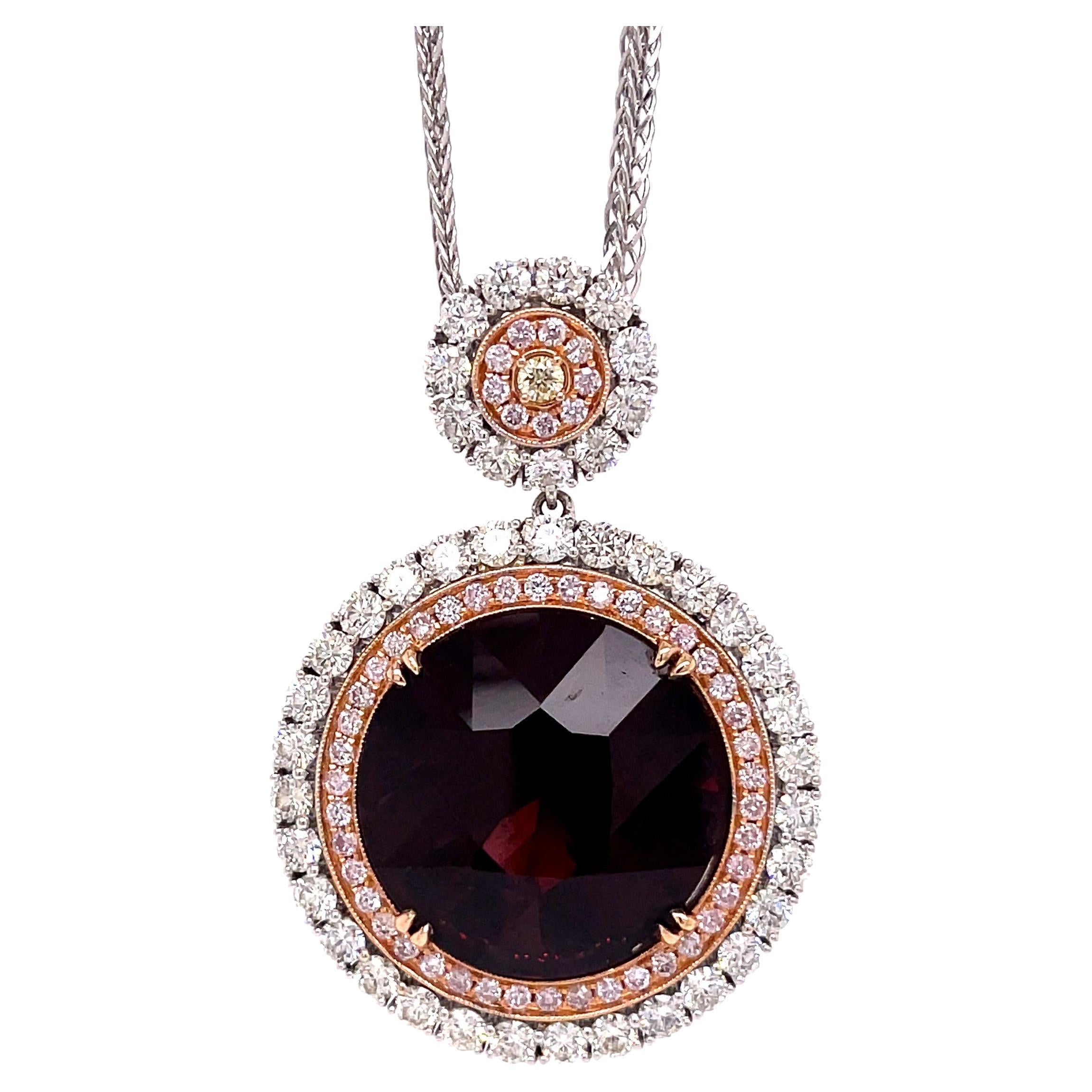 GIA Certified 31.02 Carat Round Faceted Red Spinel & Diamond Pendant in 18KT  For Sale