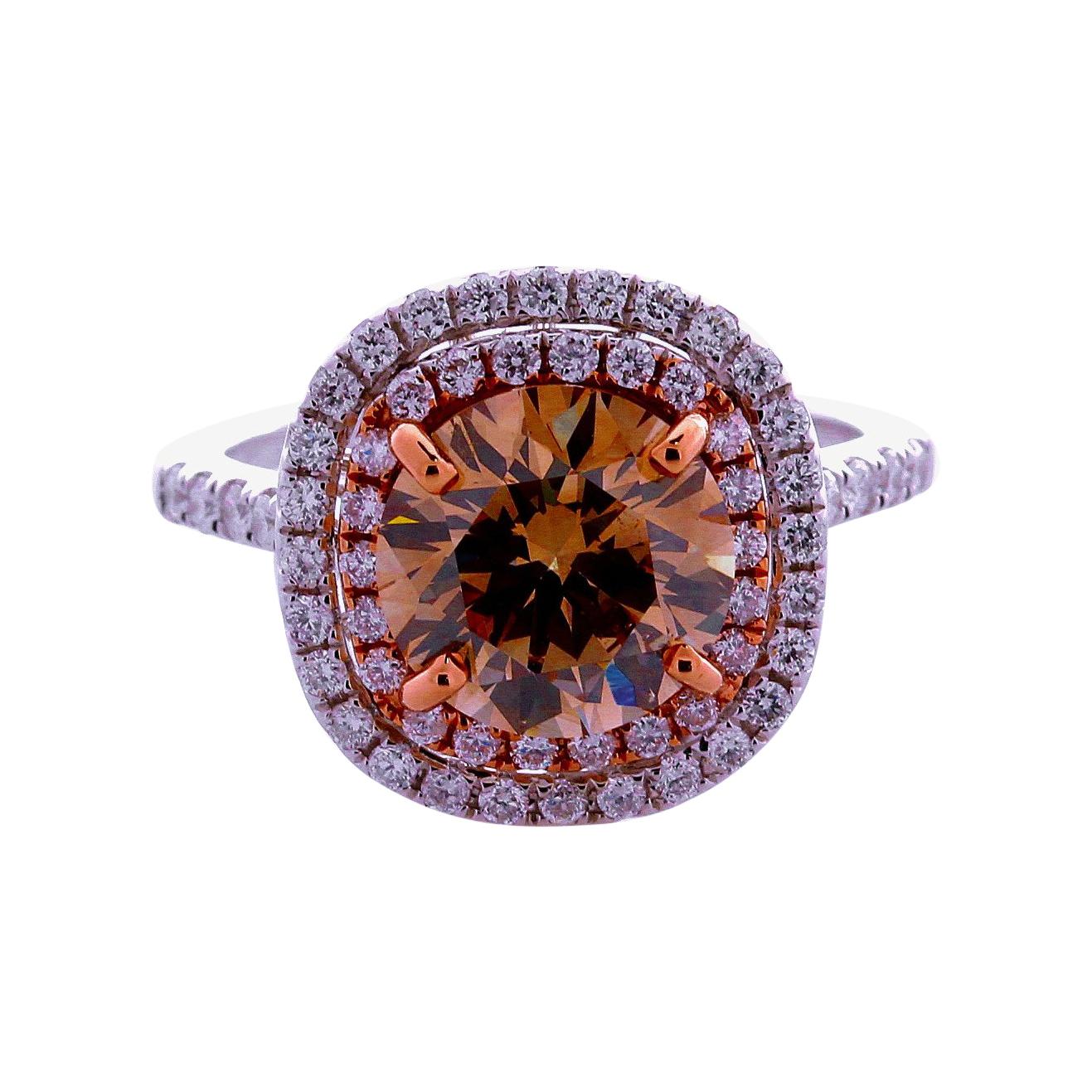 GIA Certified 3.11 Carat Round Brilliant Natural Fancy Yellowish Brown SI1 Ring