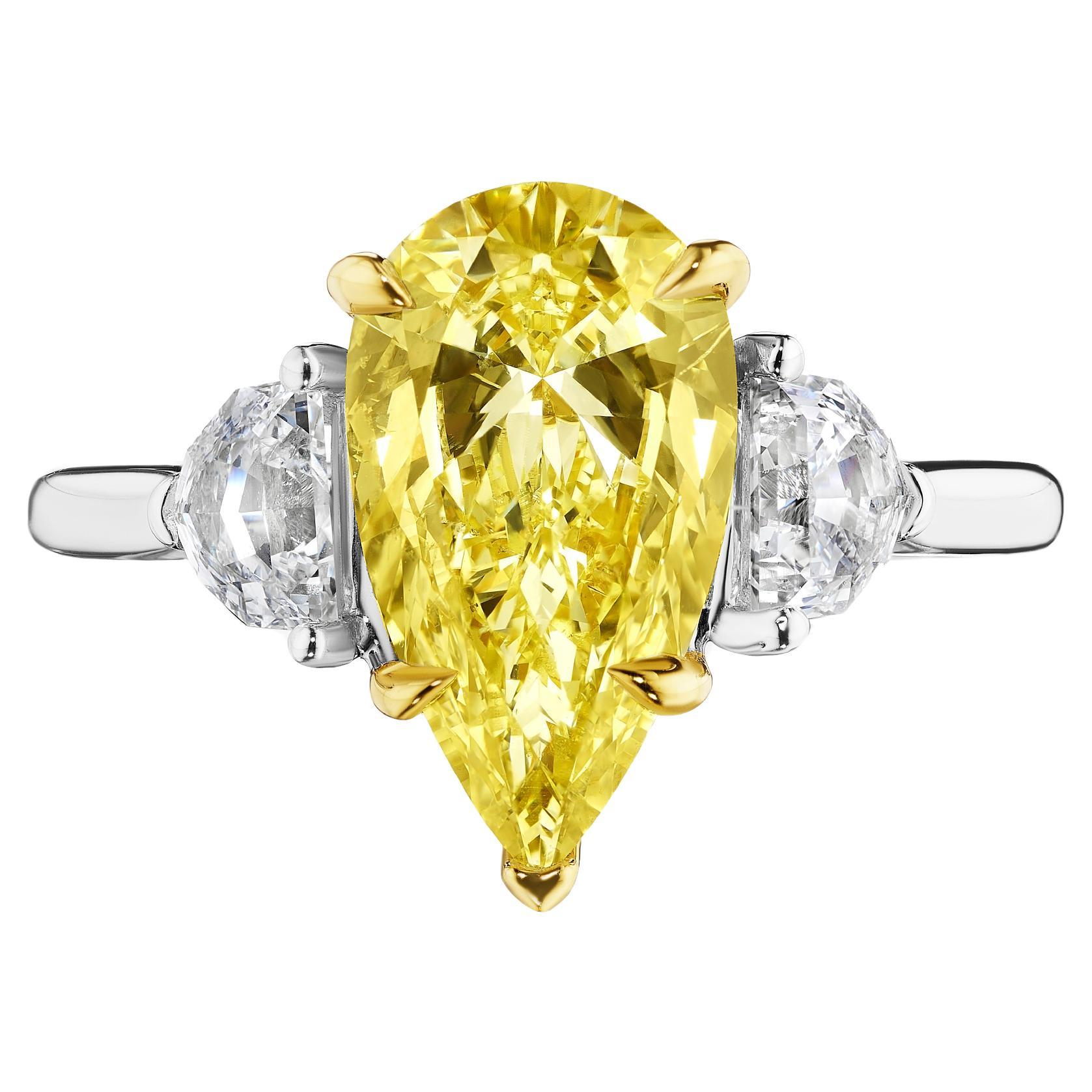 GIA Certified 3.11ct Fancy Yellow Pear Shape & Cadillac Diamond Ring For Sale