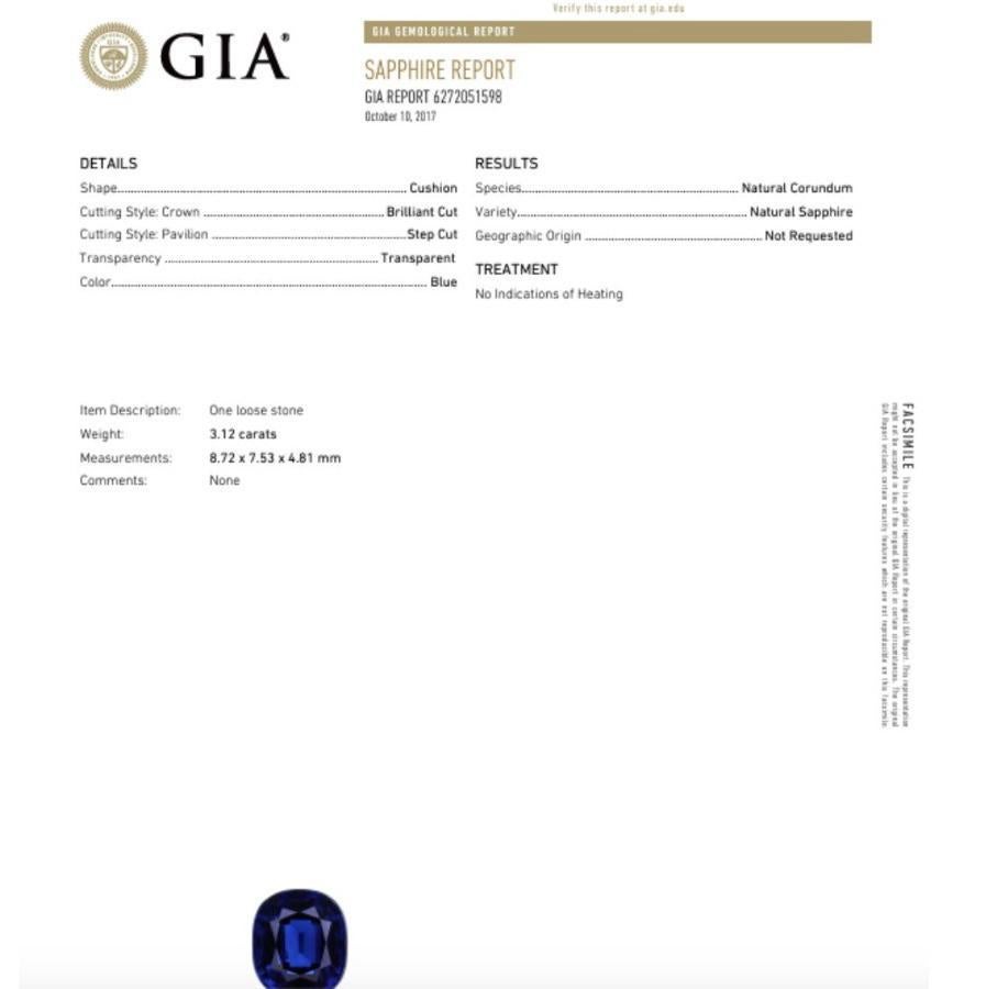 GIA Certified 3.12 Carat Cushion Cut No Heat Sapphire & Diamond Ring White Gold For Sale 1