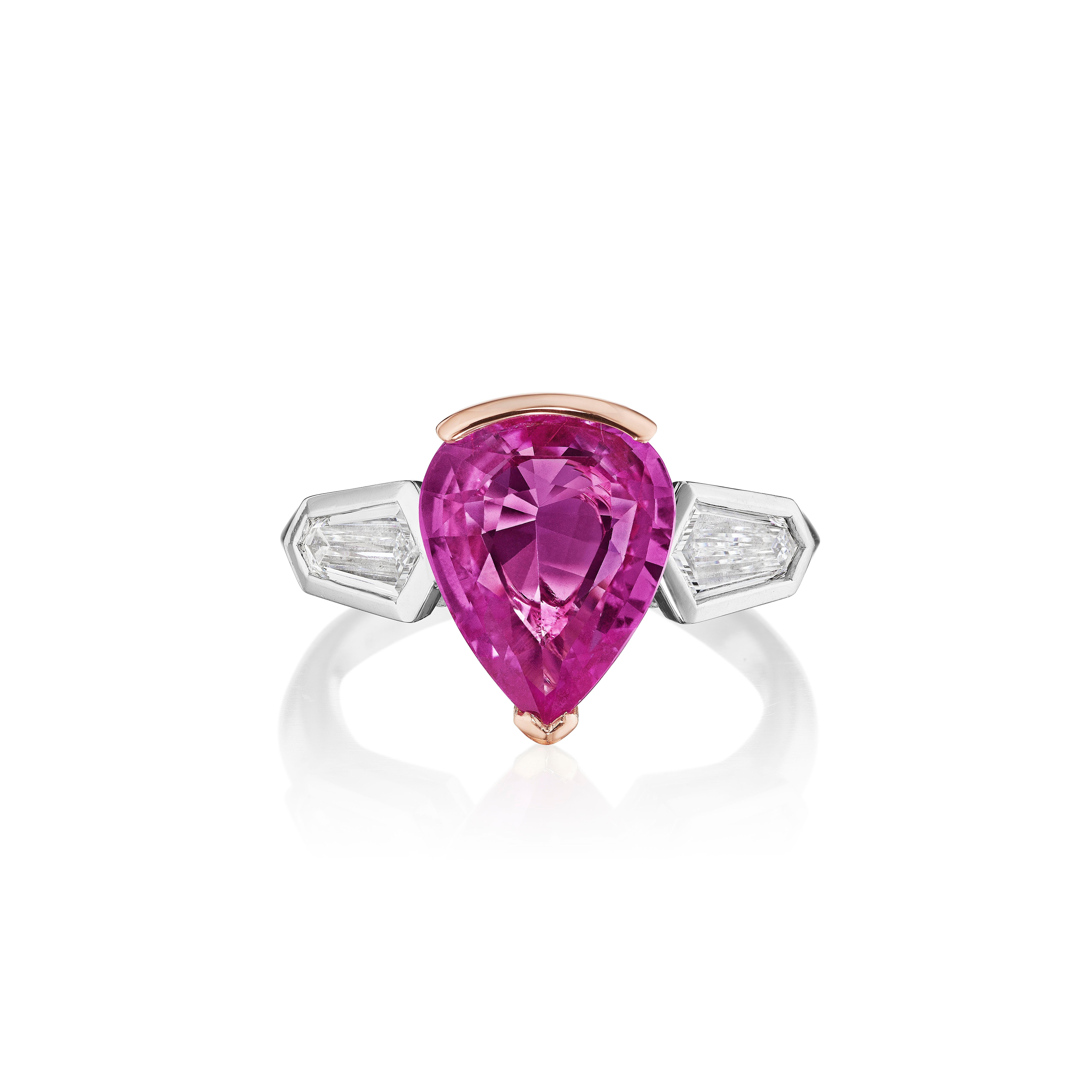 Pear Cut GIA Certified 3.12 Carat Pink Sapphire and 0.68 Carat Kite Shape Diamond Ring For Sale