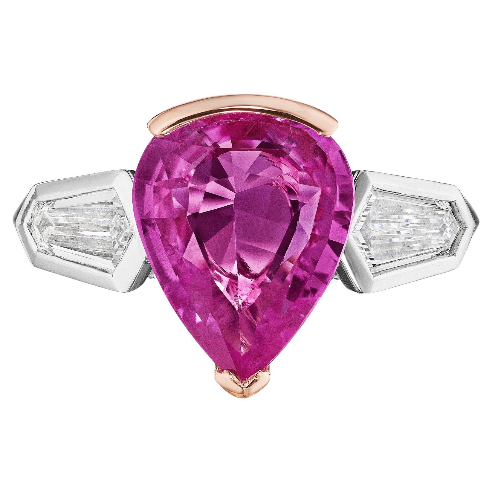 GIA Certified 3.12 Carat Pink Sapphire and 0.68 Carat Kite Shape Diamond Ring