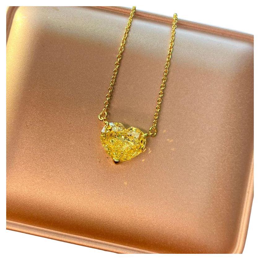 Modern GIA Certified 3.13 Carat Fancy Intense Yellow Heart Shape Diamond Pendant Gold For Sale