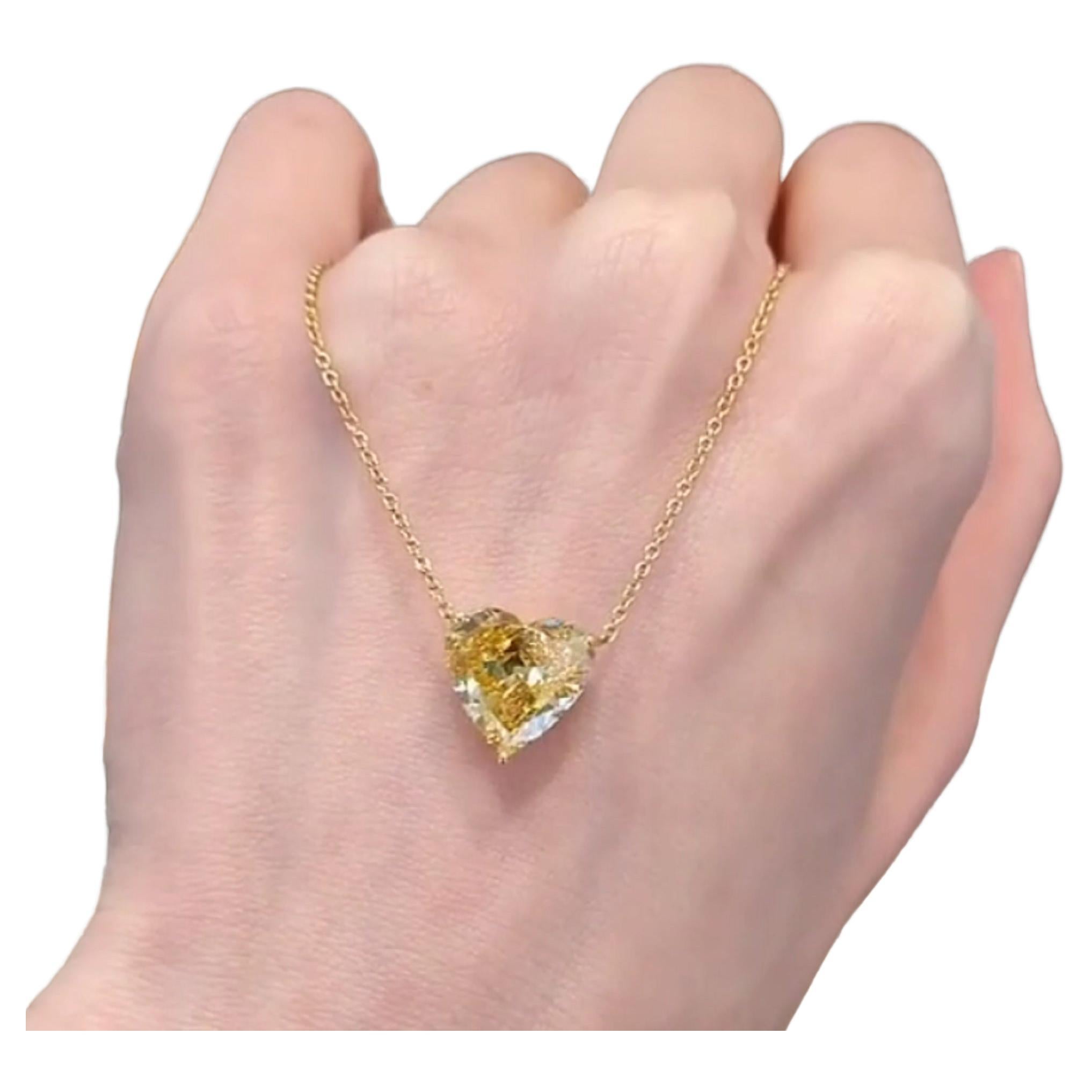 GIA Certified 3.13 Carat Fancy Intense Yellow Heart Shape Diamond Pendant Gold For Sale