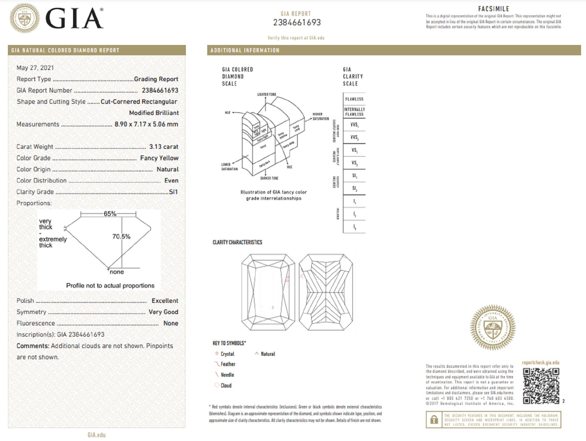 Radiant Cut GIA Certified 3.13 Carat Long Fancy Yellow Radiant Diamond