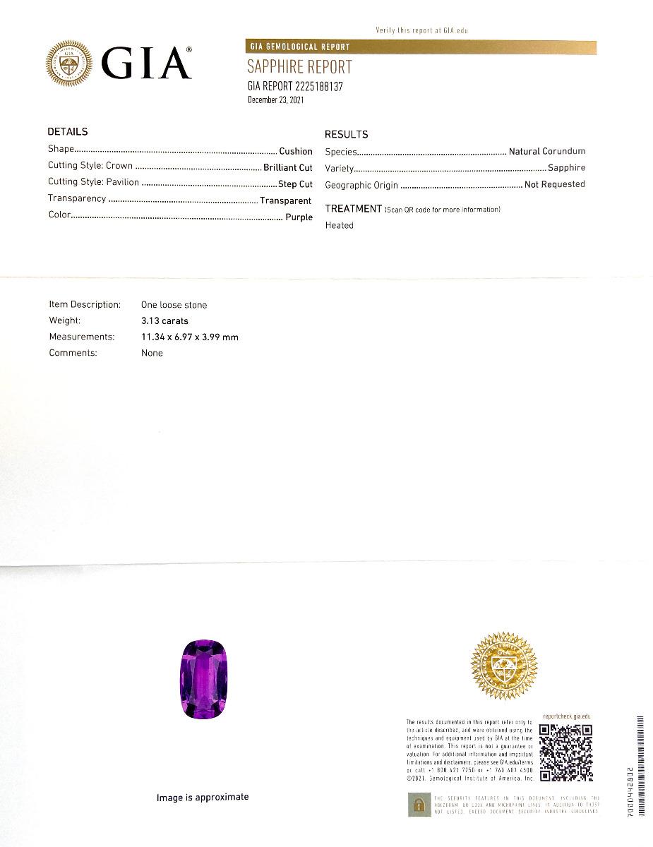 Identification: Natural Purple Sapphire

• Carat: 3.13 carats
• Shape: Cushion
• Measures: 11.34 x 6.97 x 3.99 mm
• Color: Purple
• Cut: Brilliant/step
• Treatment: Heated
