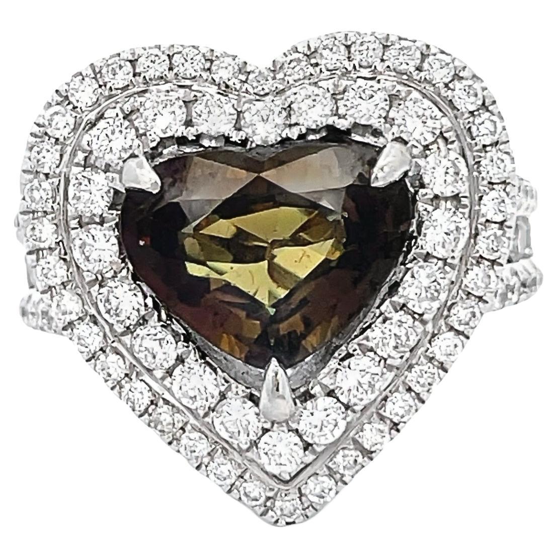 GIA Certified 3.13ct Alexandrite Heart & 1.28ctw White Diamond 14KW Gold Ring For Sale