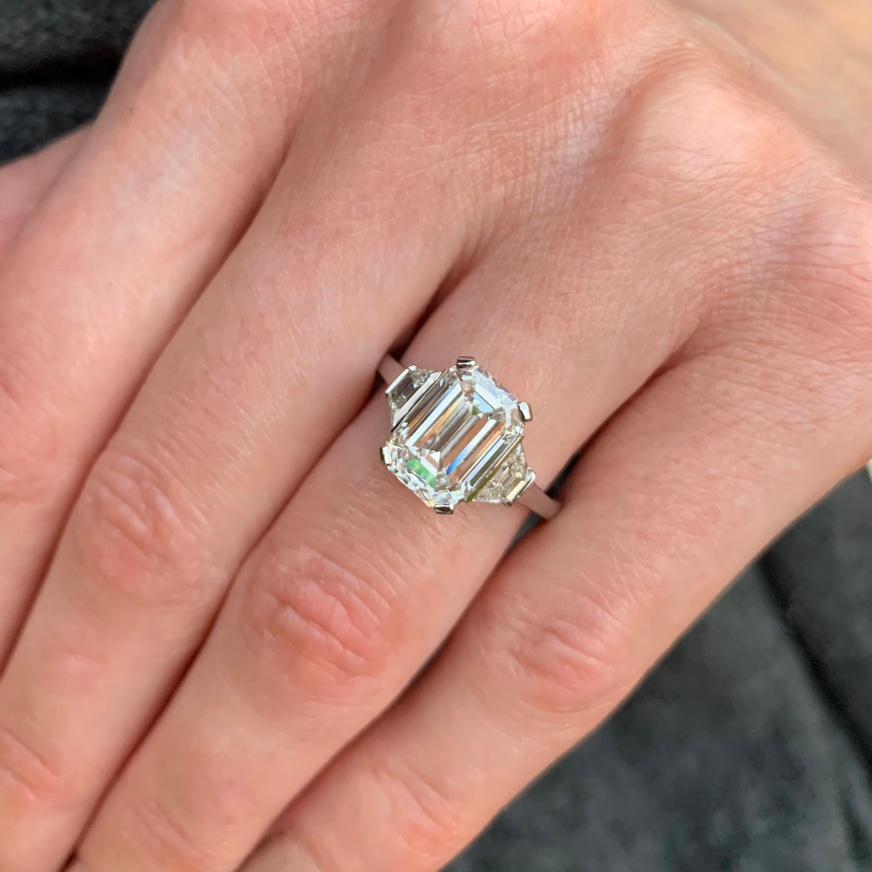 Art Deco GIA Certified 3.15 Carat Emerald Cut Platinum Diamond Engagement Ring