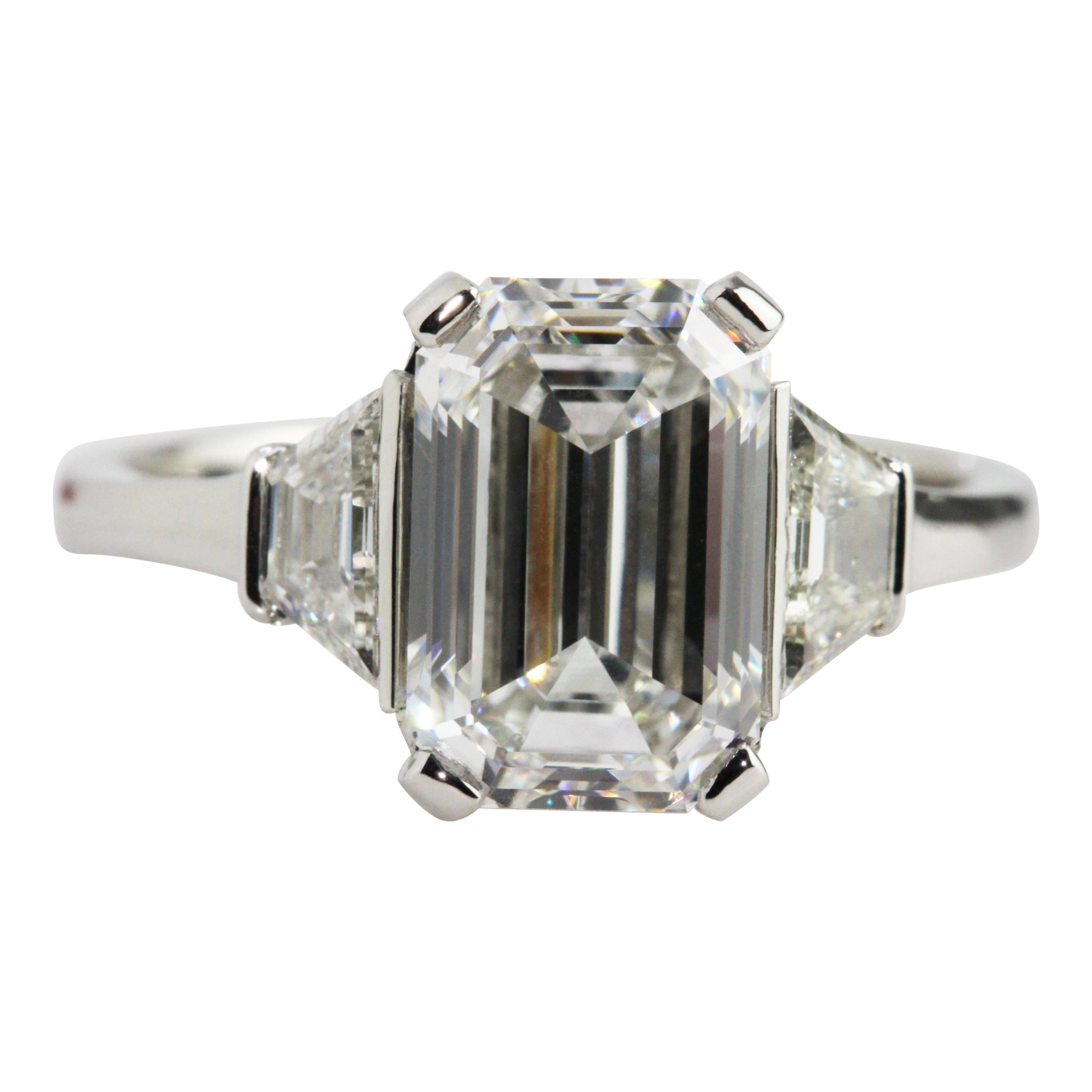 GIA Certified 3.15 Carat Emerald Cut Platinum Diamond Engagement Ring