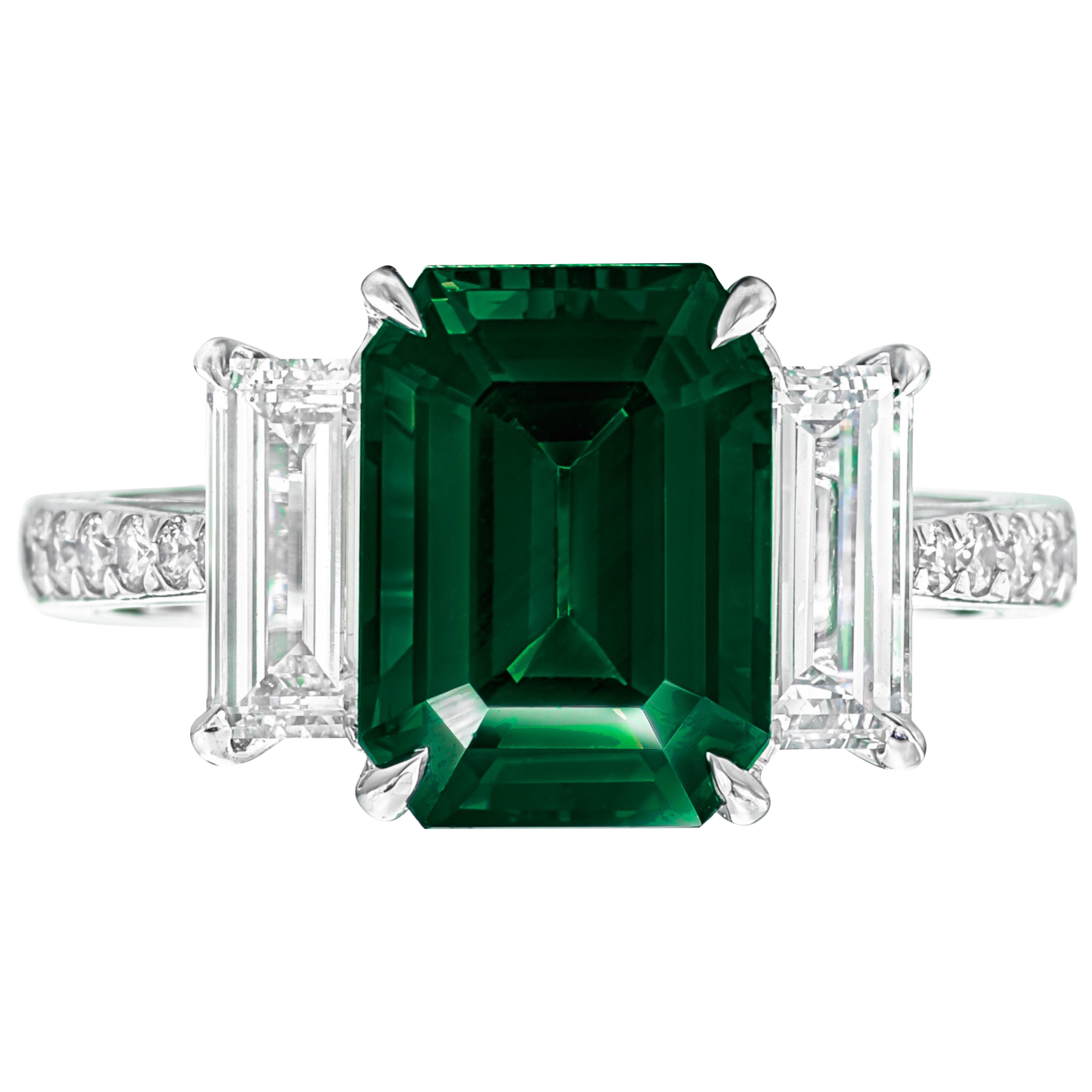 GIA Certified 3.15 Carat Untreated Zambian Emerald Ring with Diamond For Sale