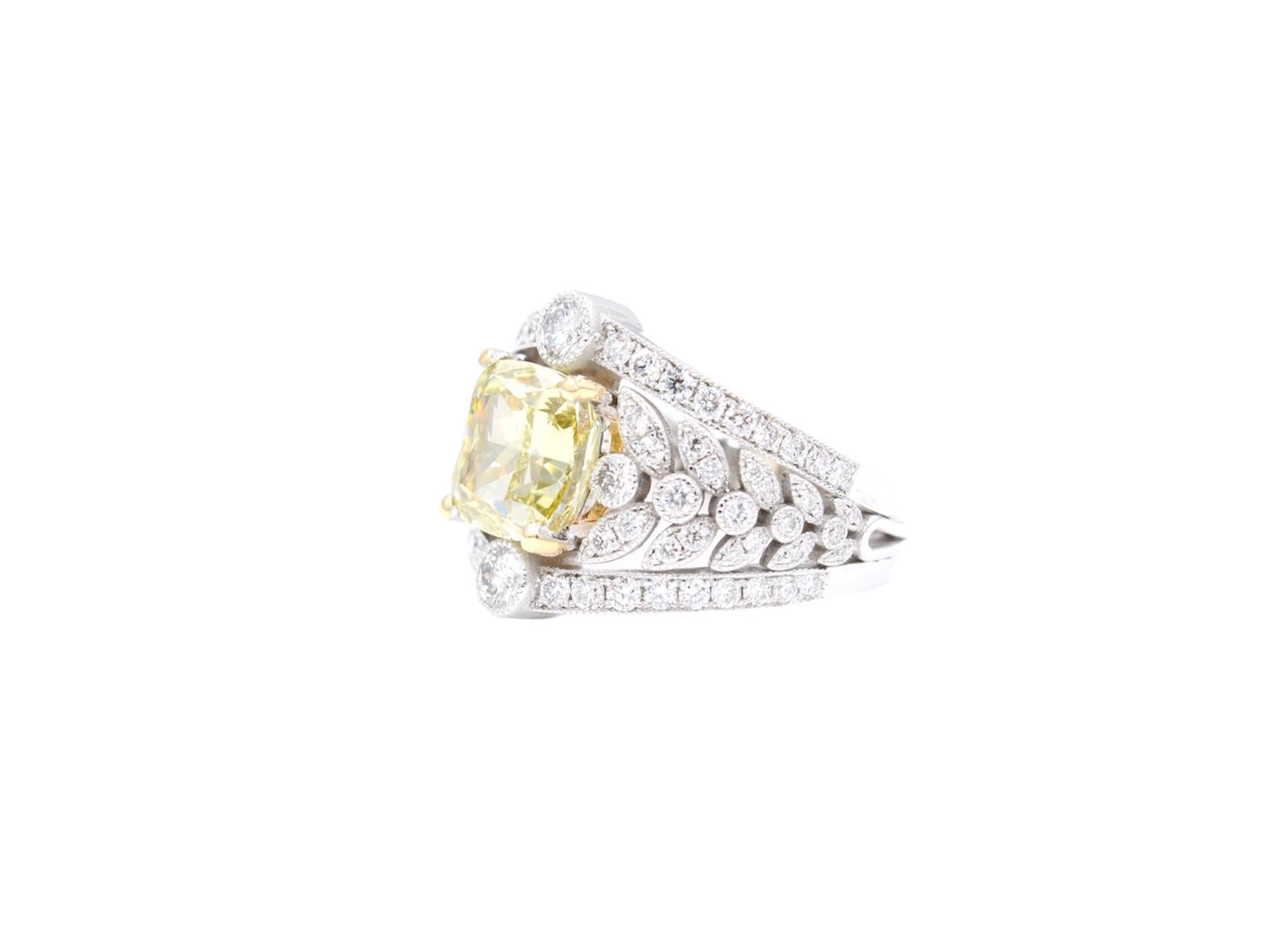 Cushion Cut GIA Certified 3.15 Carats Fancy Brownish Greenish Yellow Diamond Ring