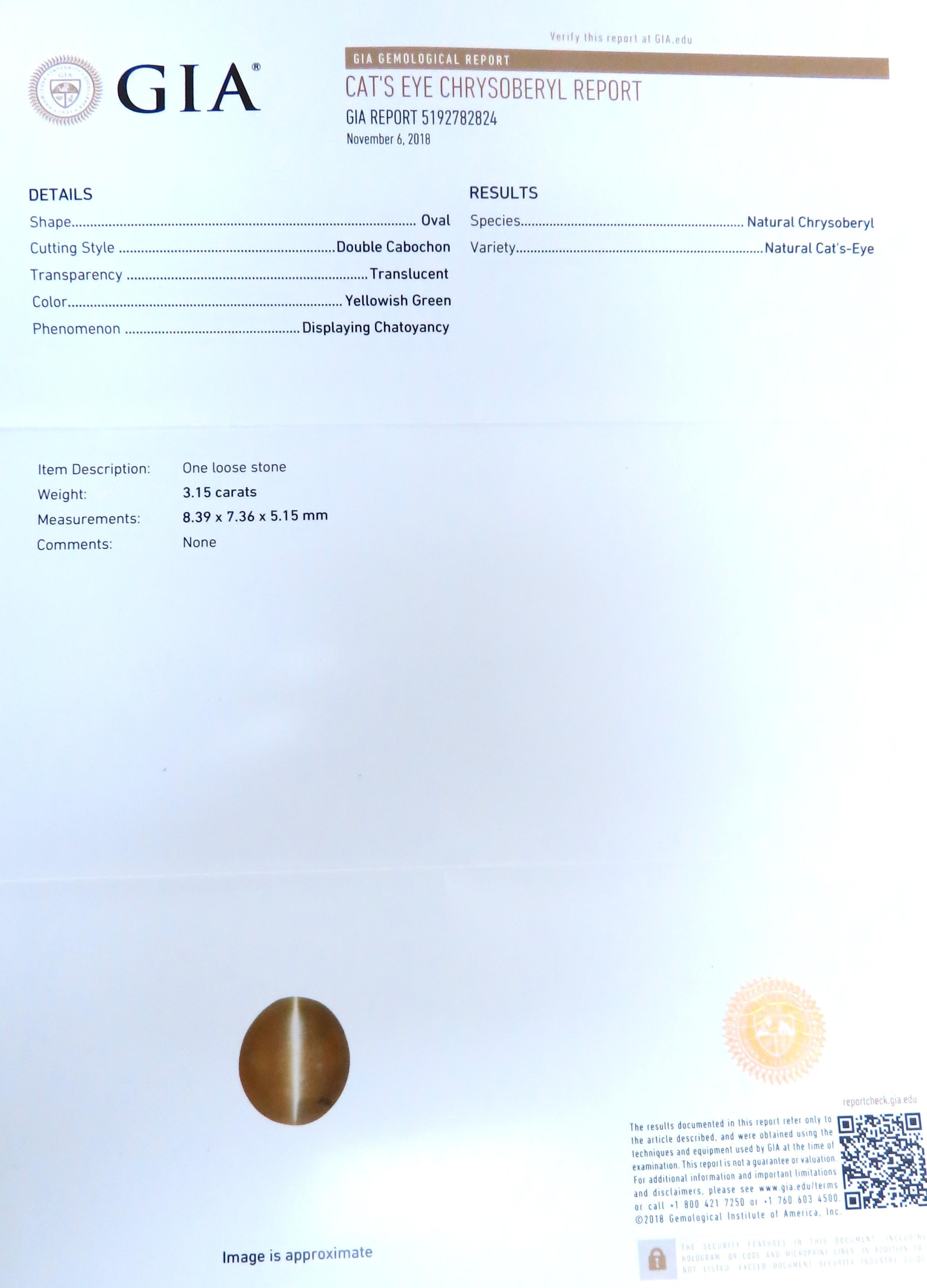 GIA Certified 3.15ct Natural Cats Eye Ring 14kt  12415 For Sale 3
