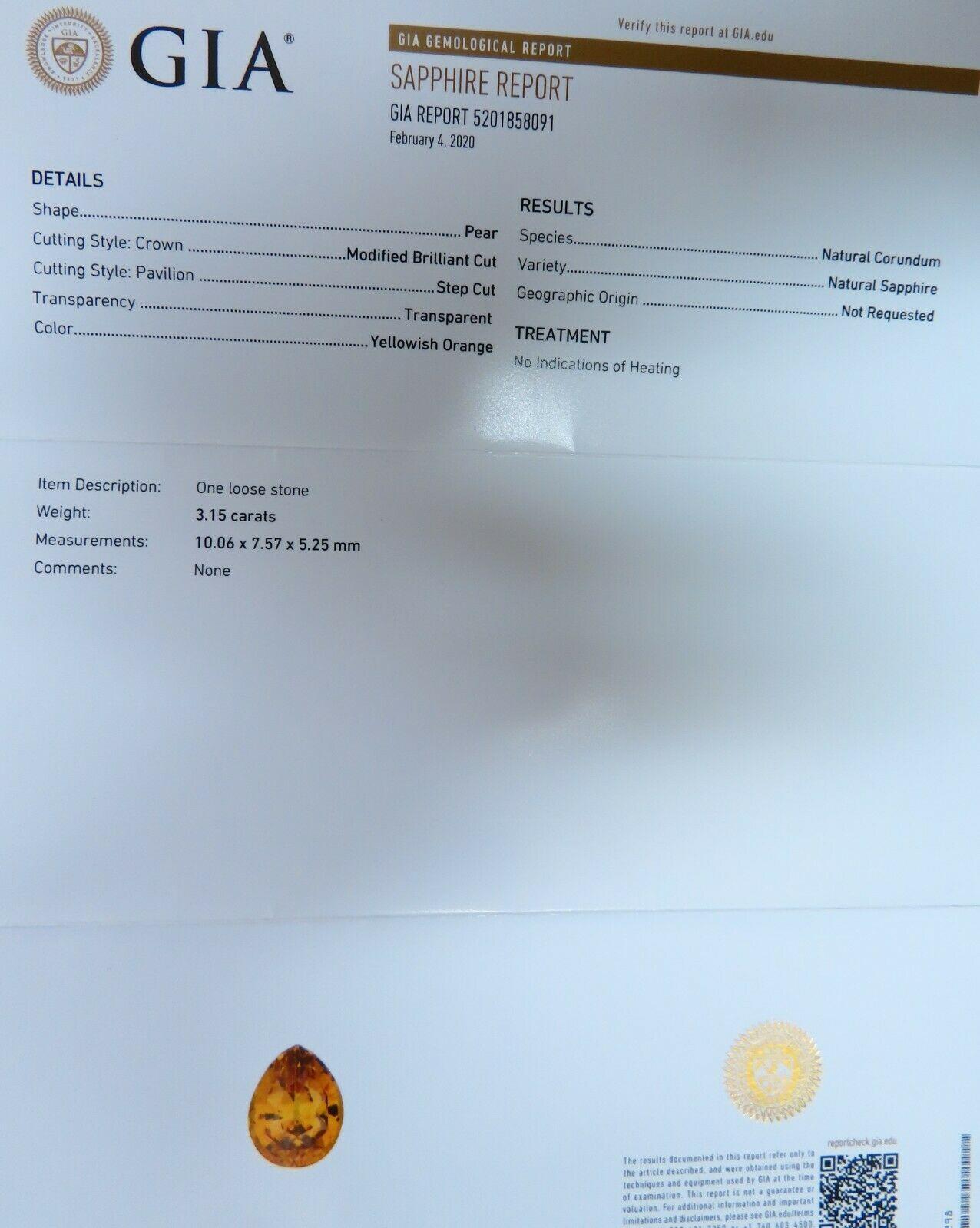 GIA Certified 3.15ct Natural No Heat Yellow Orange Sapphire Diamonds Ring 14kt For Sale 2