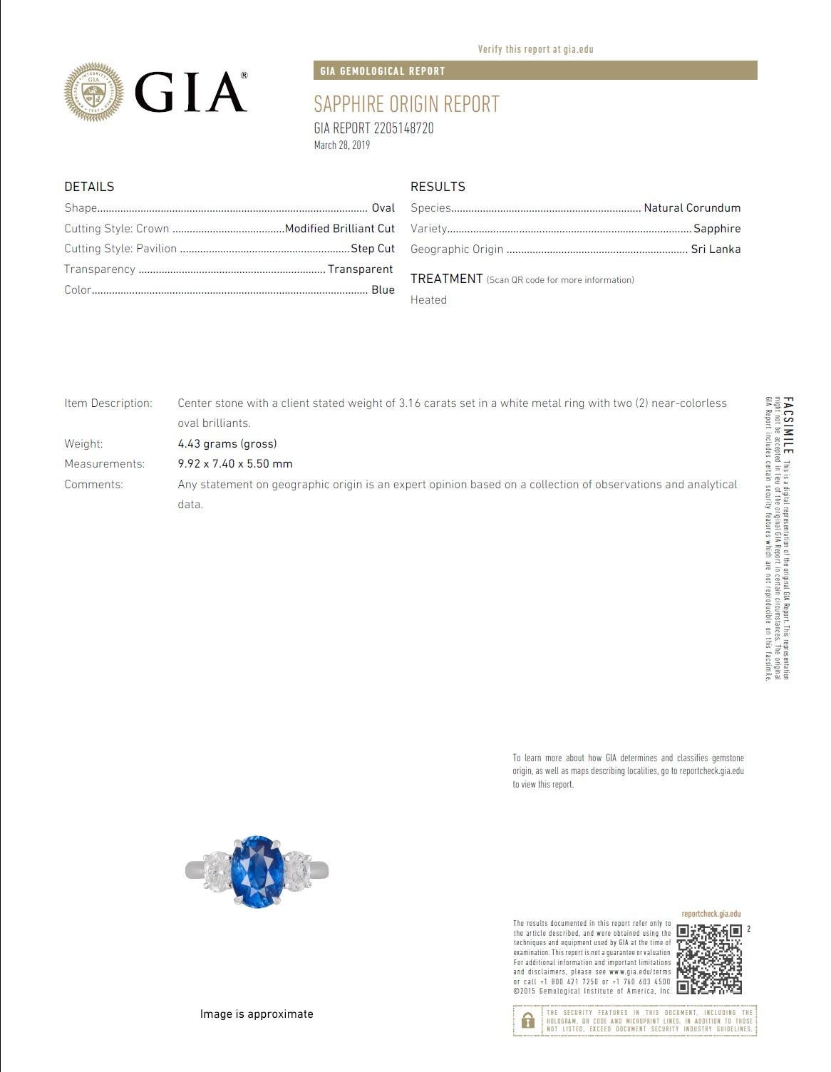Bague certifiée GIA, saphir bleu taille ovale de 3,16 carats et diamant naturel ref937 Pour femmes en vente
