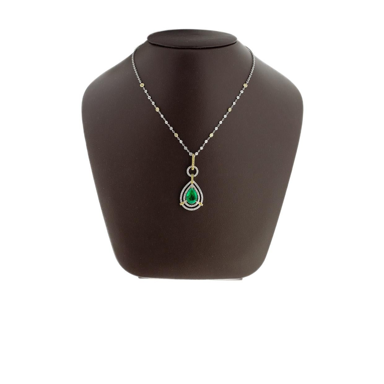 Pear Cut GIA Certified 3.16 Carat Pear Shape Emerald and 1.15 Carat Diamond Necklace For Sale