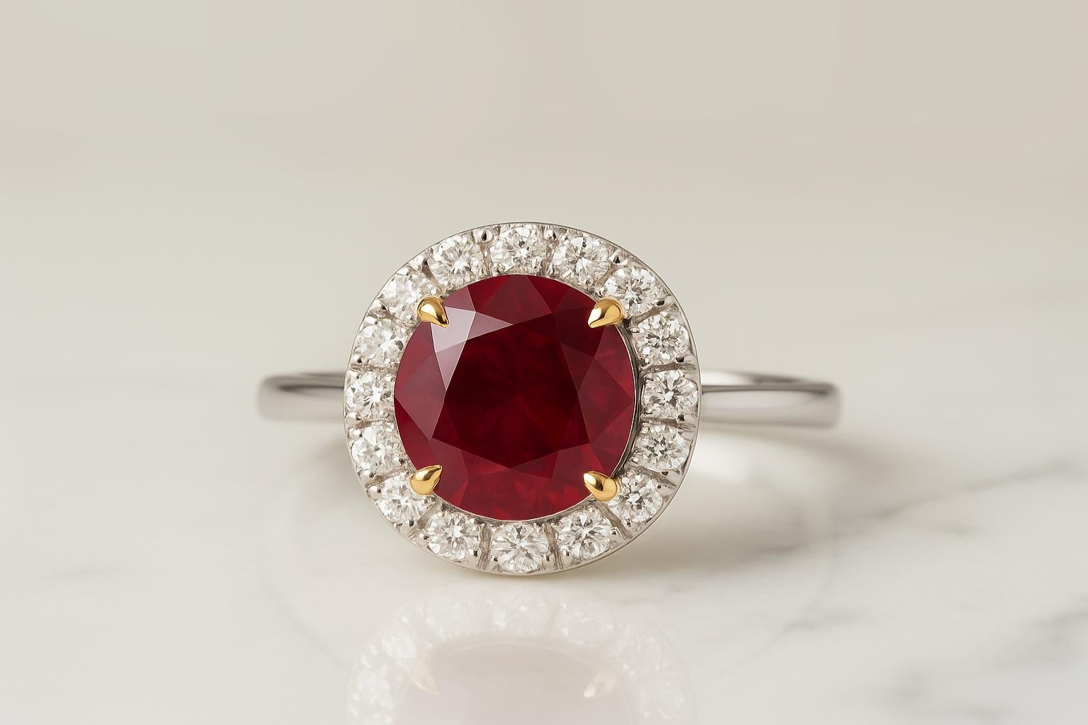 This elegant ring features a 3.16 carat round ruby, certified by GIA, displaying a rich red hue and brilliant cut. The center stone is set in 18K white gold and secured by delicate yellow gold claw prongs, creating a refined contrast that enhances