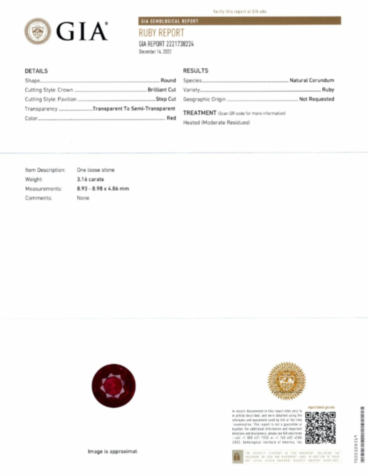 Round Cut GIA Certified 3.16 Carat Round Ruby and Diamond Halo Ring in 18K Gold For Sale