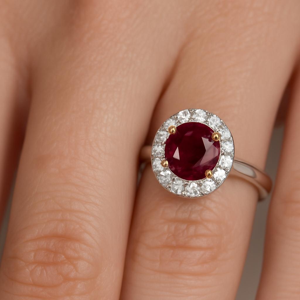 GIA Certified 3.16 Carat Round Ruby and Diamond Halo Ring in 18K Gold In New Condition For Sale In Chicago, IL