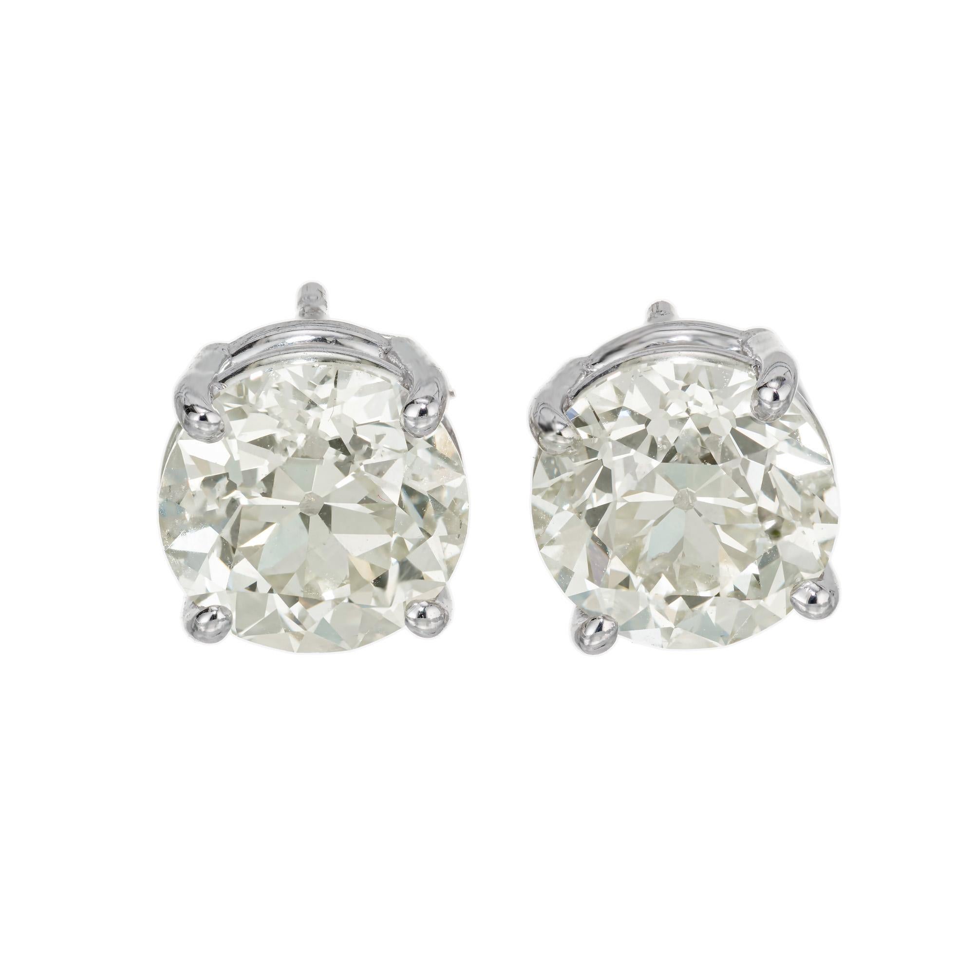 Old European Cut GIA Certified 3.17 Carat Diamond Platinum Stud Earrings For Sale
