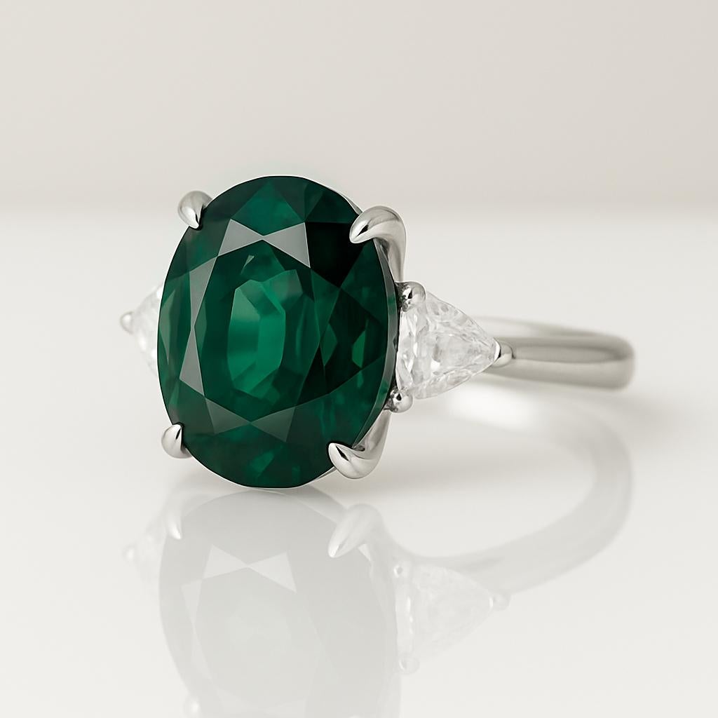 This exceptional platinum ring showcases a rare and highly sought-after GIA certified 3.17 carat natural Alexandrite, originating from India.
The beautifully cut oval-shaped Alexandrite measures 9.66 x 7.18 x 5.55 mm and exhibits a captivating and