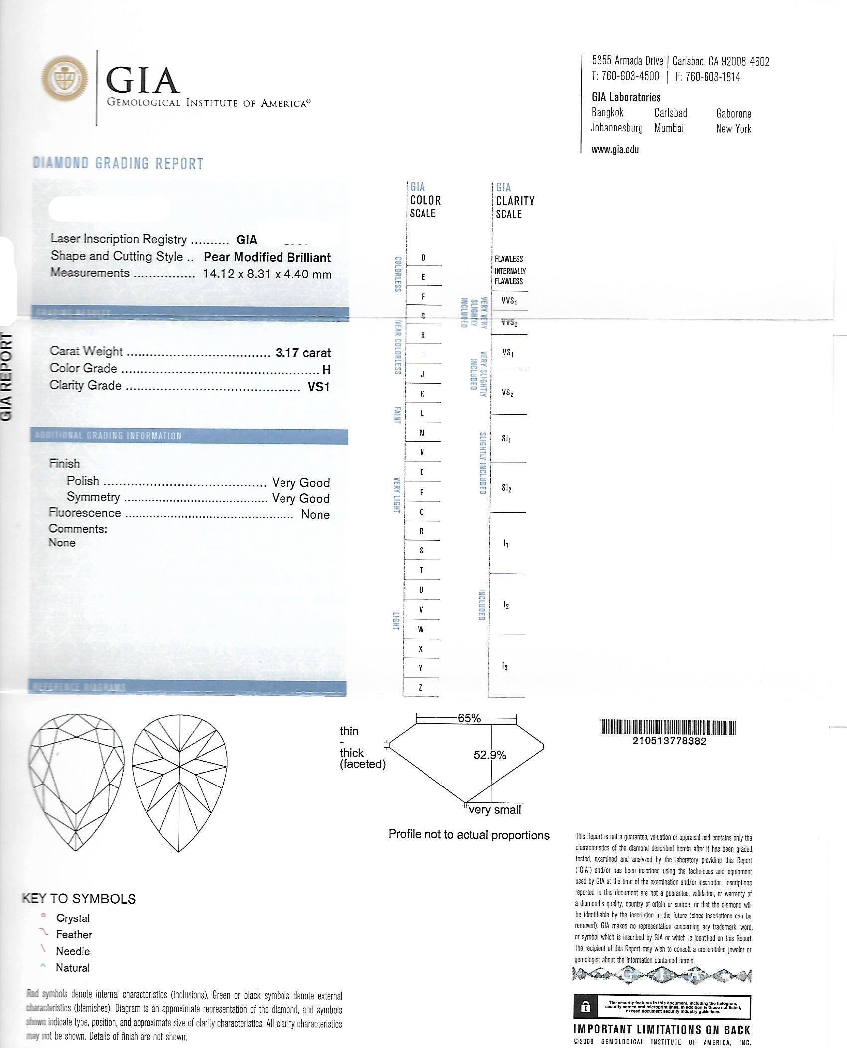 GIA-zertifizierter 3,17 Karat birnenförmiger Diamant-Anhänger (Tropfenschliff) im Angebot