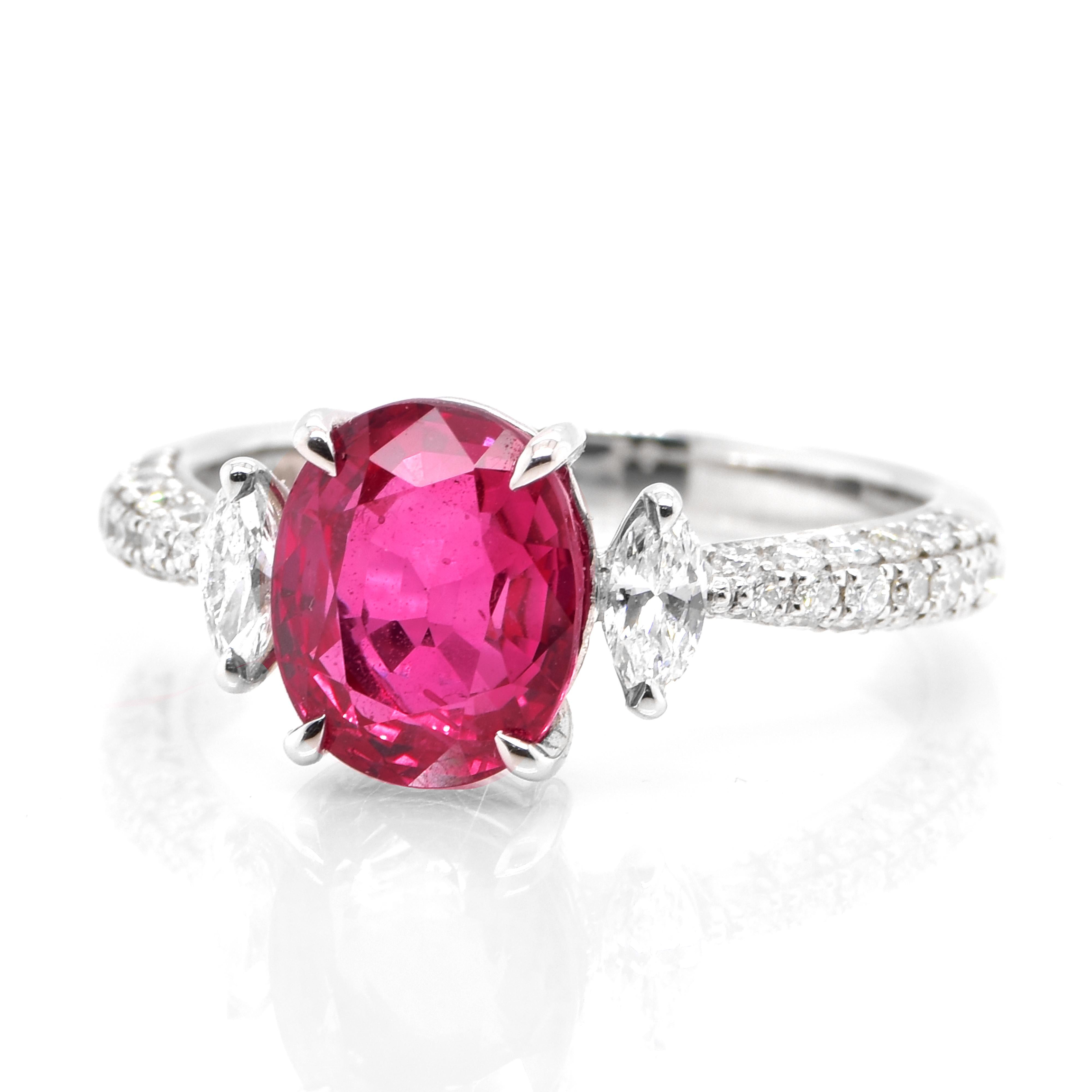 A beautiful Ring set in Platinum featuring a GIA Certified 3.17 Carat Natural Siam Ruby and 0.52 Carat Diamonds. Rubies are referred to as 