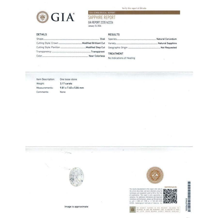 Introducing a stunning 3.17-carat Natural Unheated White Sapphire, certified by GIA. With a captivating Oval shape (9.81 x 7.40 x 5.84 mm), it boasts Near Colorless brilliance in a Modified Brilliant Cut. Its very eye-clean clarity and untreated