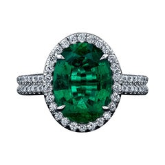 GIA Certified 3.17ct Oval Cut Green Emerald and Diamond Ring