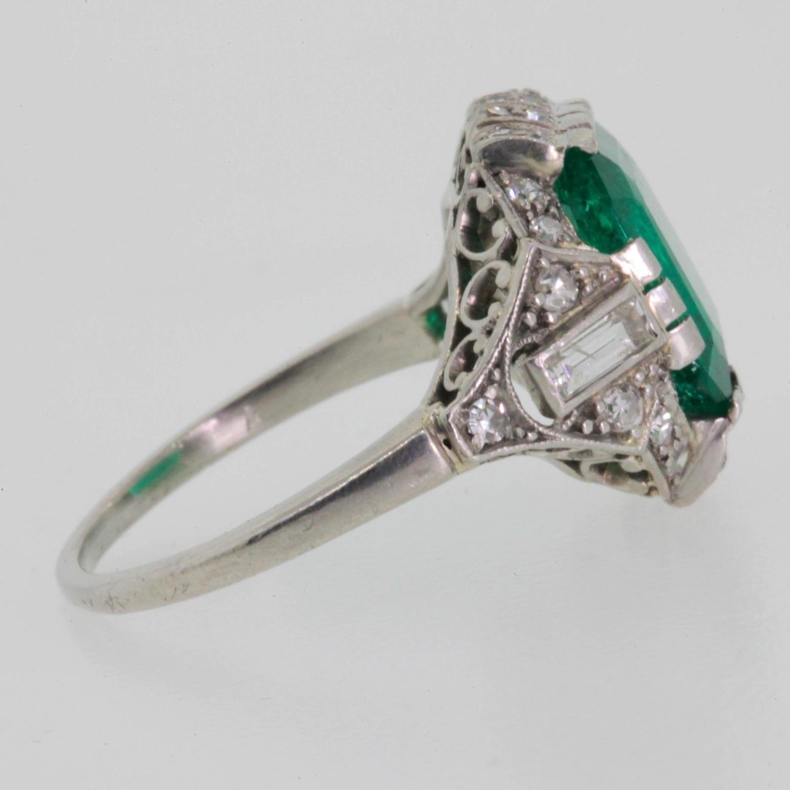 Emerald Cut GIA Certified 3.18 Carat Colombian Emerald Art Deco Ring