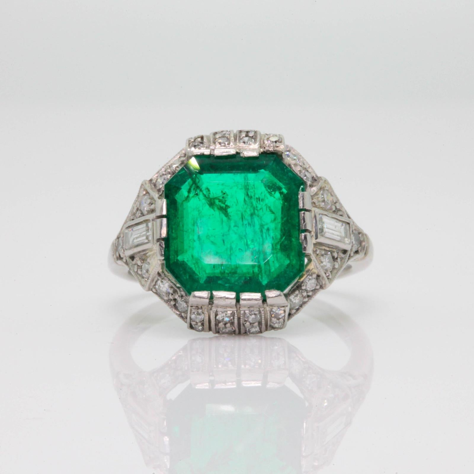 GIA Certified 3.18 Carat Colombian Emerald Art Deco Ring 3