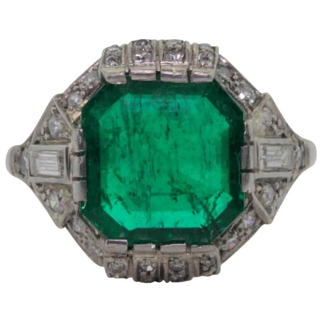 GIA Certified 3.18 Carat Colombian Emerald Art Deco Ring