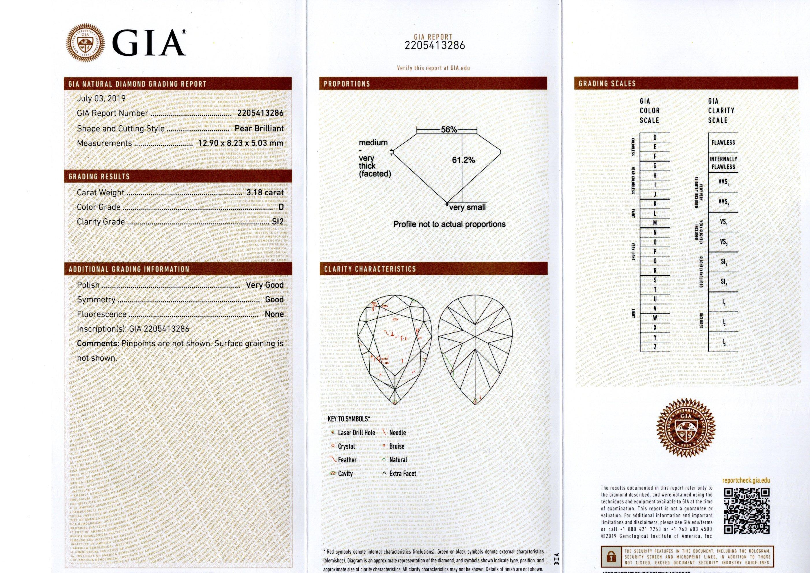 GIA Certified 3.18 Carat, D Color, SI2 Clarity, Pear Brilliant Cut Loose Diamond In New Condition For Sale In Miami, FL