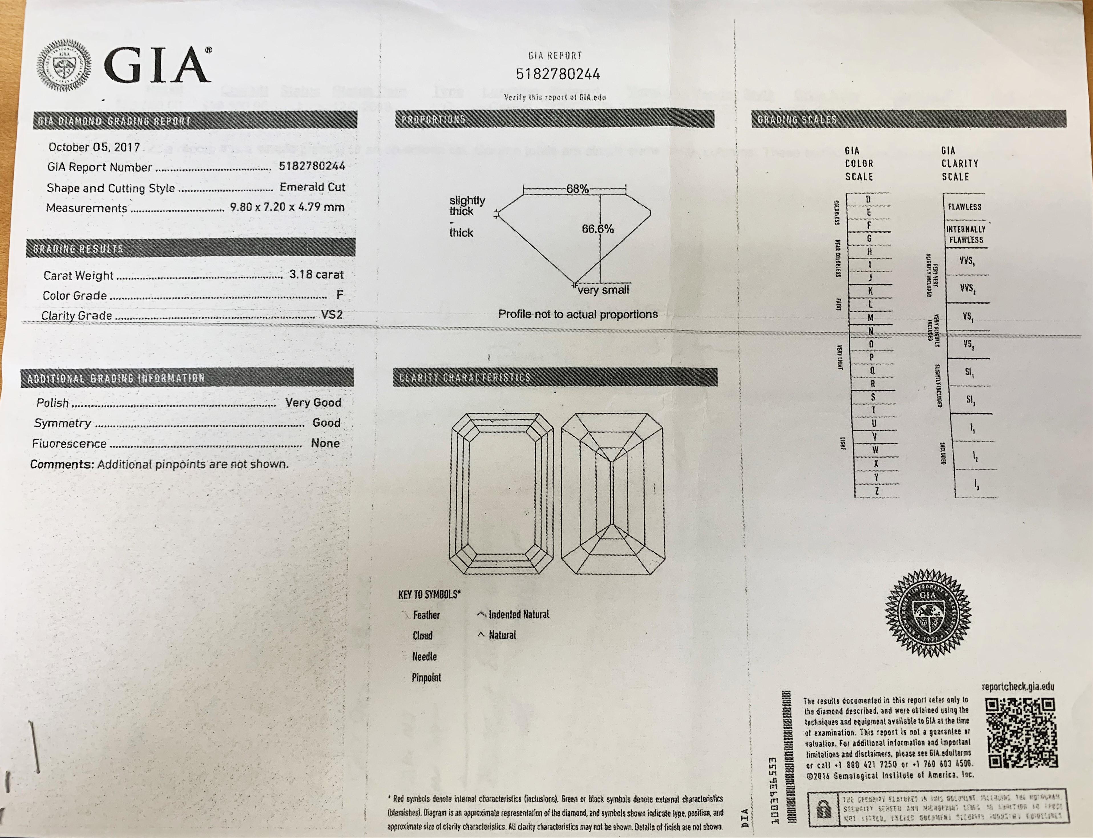 GIA-zertifizierter 3,18 Karat Diamantring aus Platin mit Smaragdschliff im Angebot 2