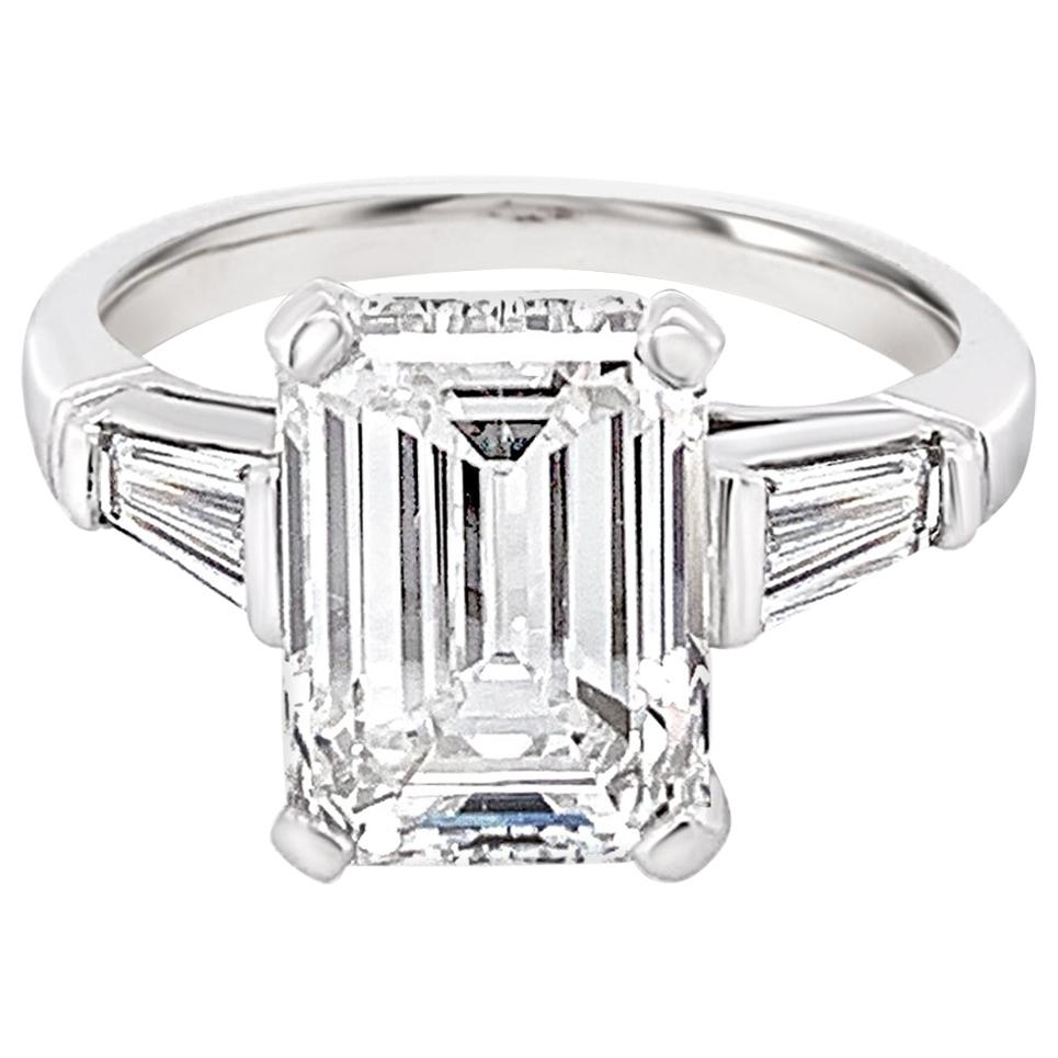 GIA Certified 3.18 Carat Emerald Cut Diamond Ring in Platinum For Sale