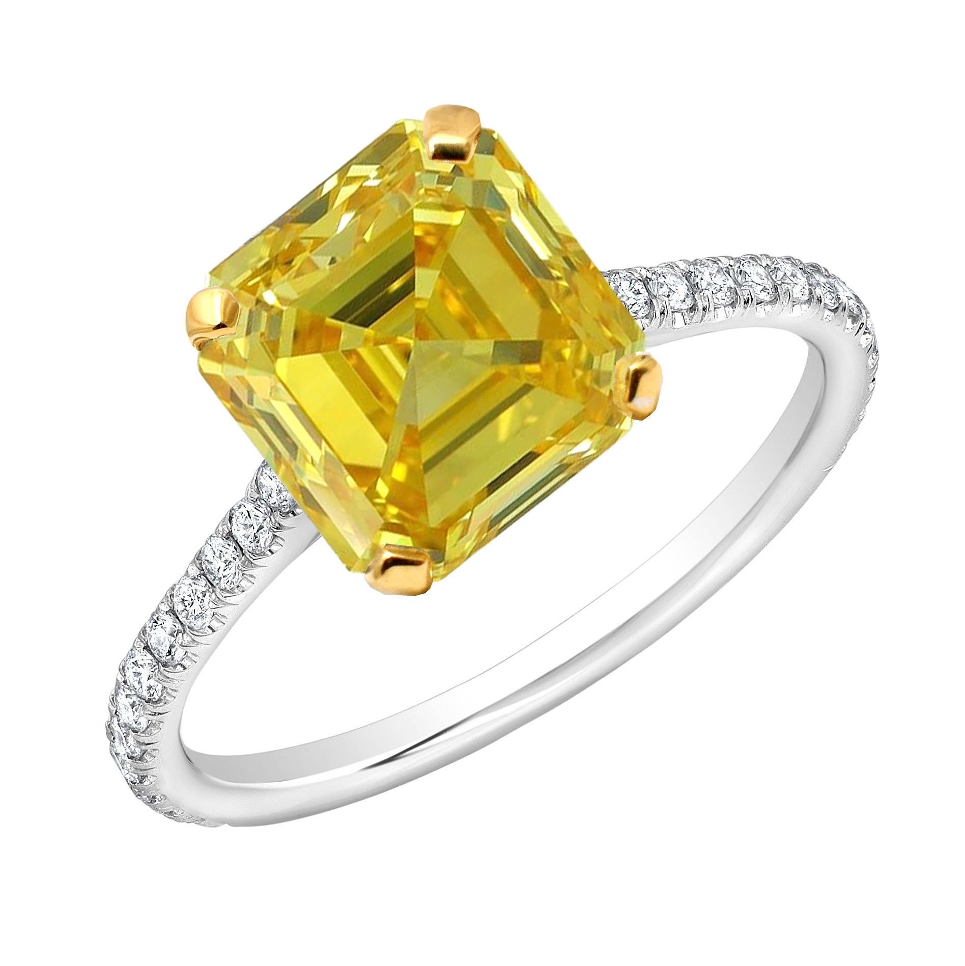 Contemporary GIA Certified 3.18 Ct Asscher Fancy Vivid Yellow Diamond with pavé For Sale