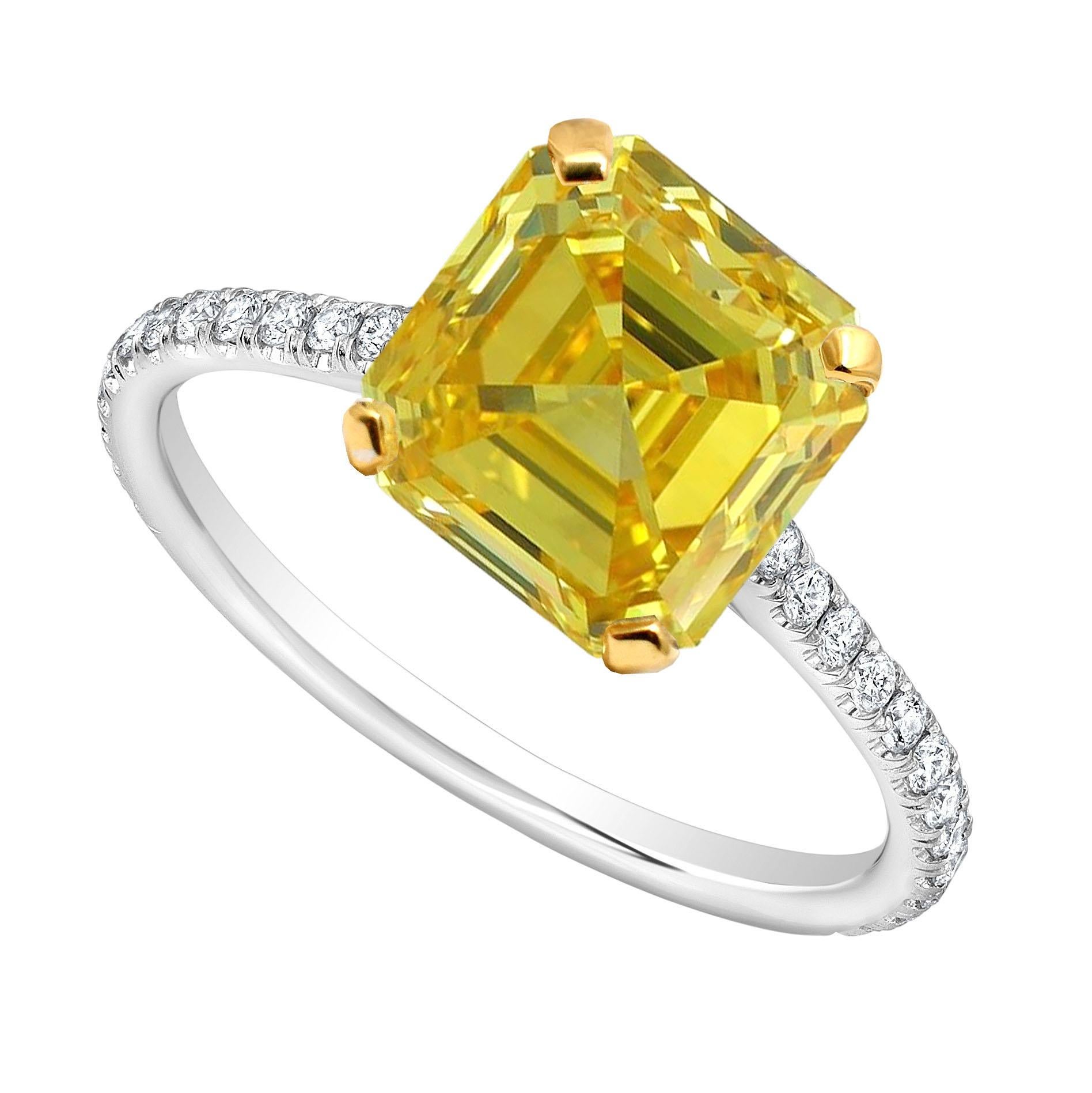 Asscher Cut GIA Certified 3.18 Ct Asscher Fancy Vivid Yellow Diamond with pavé For Sale