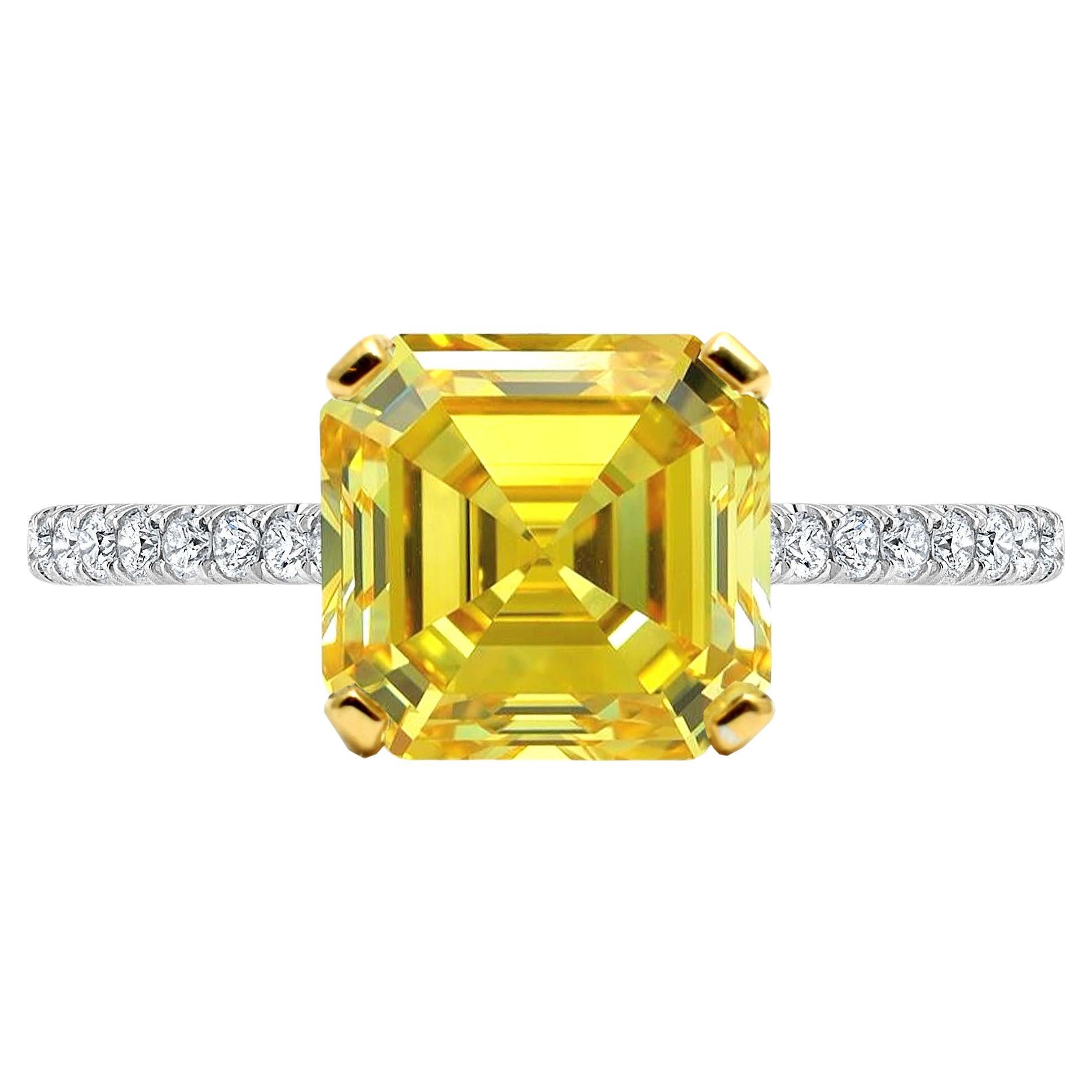 GIA Certified 3.18 Ct Asscher Fancy Vivid Yellow Diamond with pavé For Sale