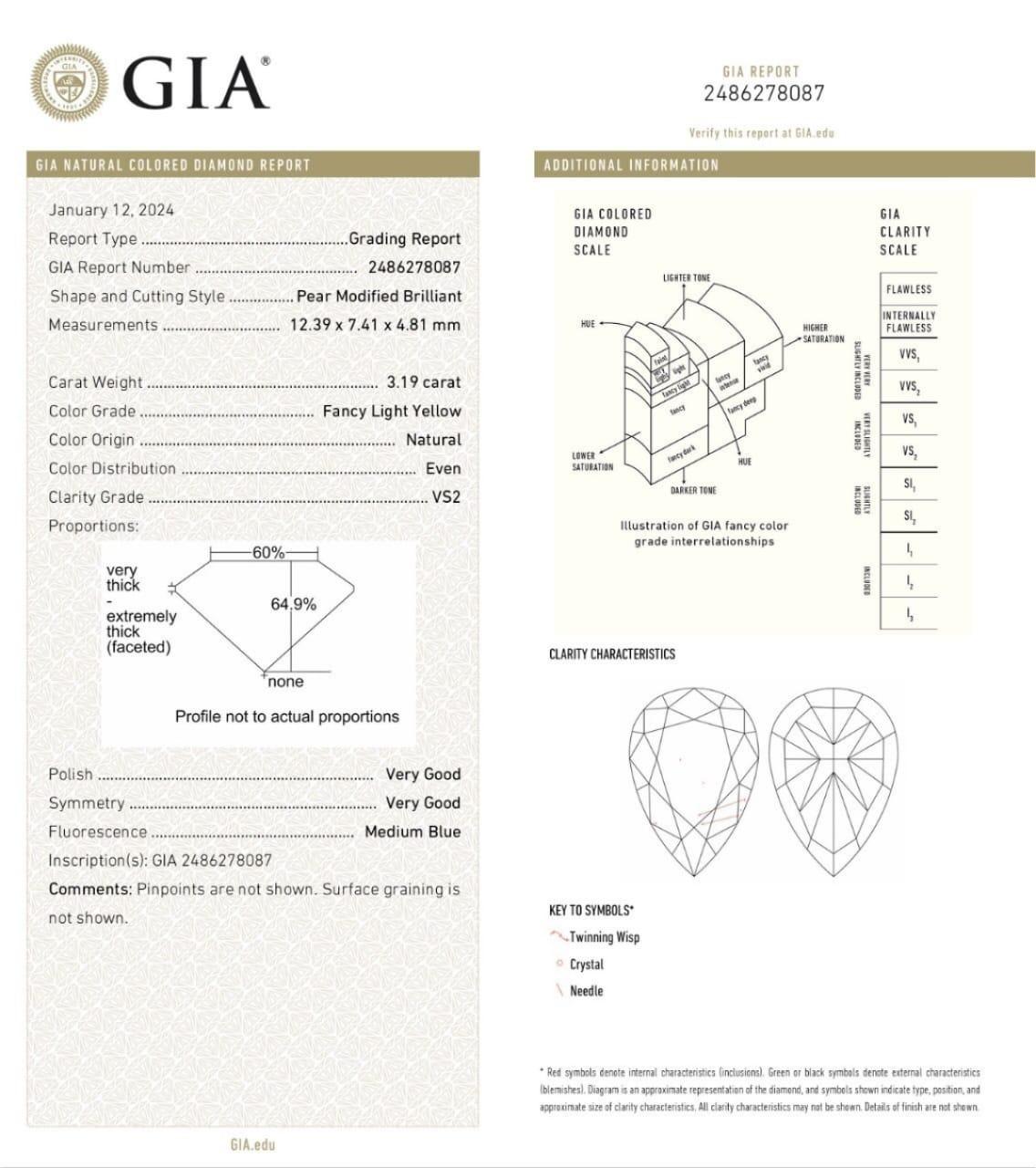 Bague fantaisie jaune clair de 3,19 carats de pureté VS2 certifiée par le GIA en vente 3
