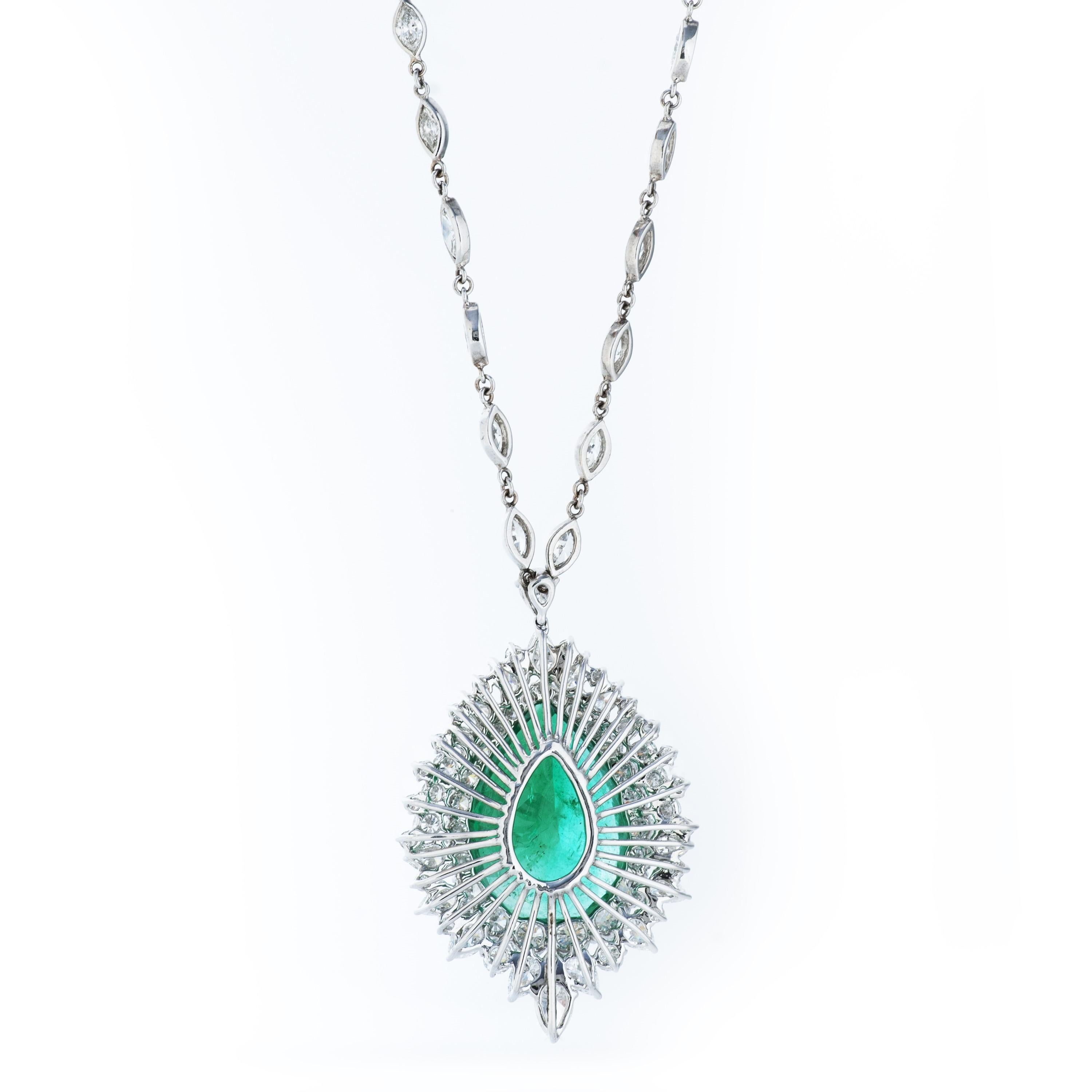 Pear Cut GIA Certified 31.98 Carat Colombian Emerald and Diamond Pendant on Diamond Chain For Sale
