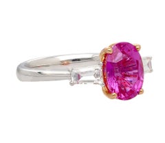 GIA Certified 3.2 Carat No Heat Pink Sapphire Oval and Diamond 3 Stone Ring
