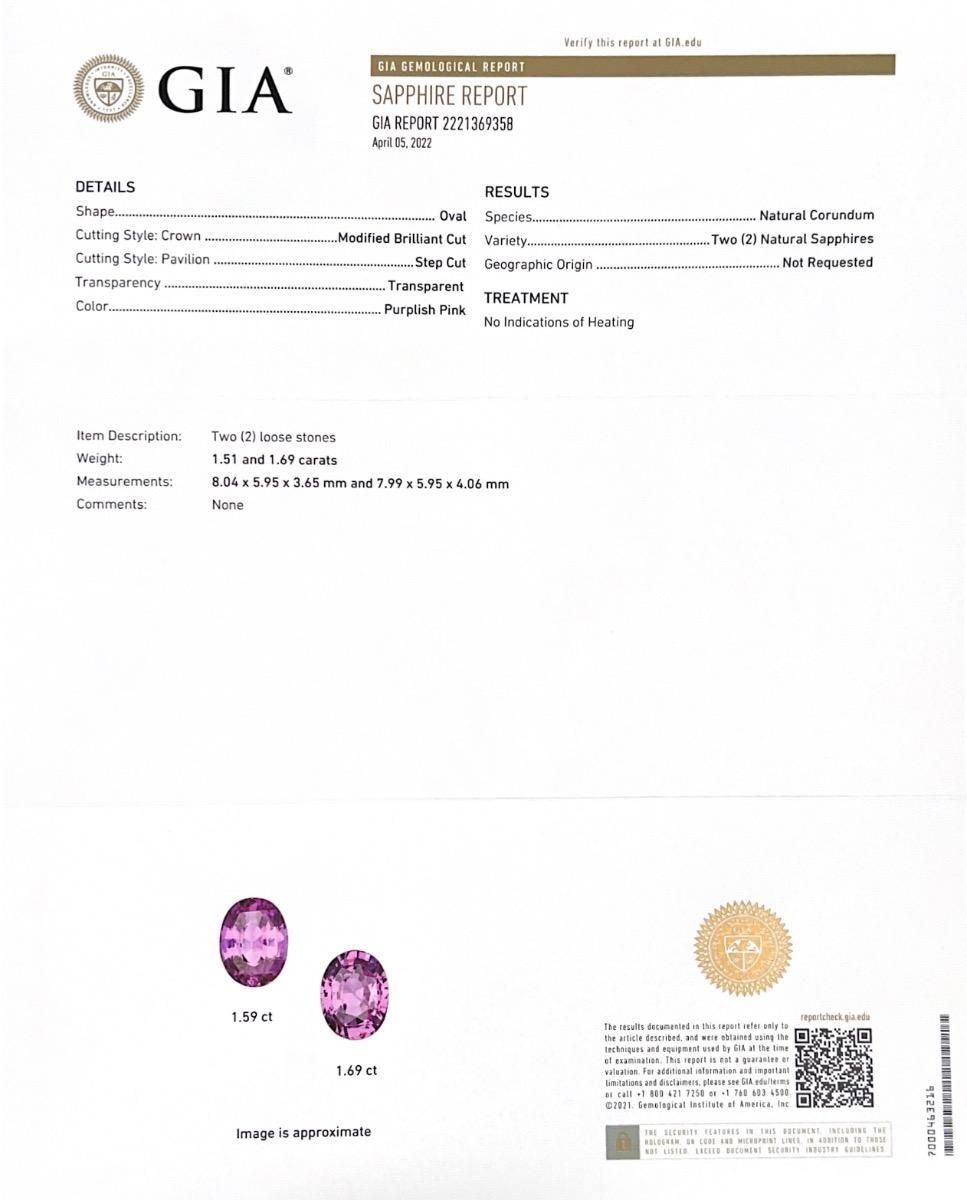 Identification: Natural Pink Sapphire

• Carat: 3.20 carats
• Shape: Oval
• Measures: 8.04 x 5.95 x 3.65 mm and 7.99 x 5.95 x 4.06 mm
• Color: Purplish Pink
• Cut: Brilliant/step
• Treatment: Unheated

This pair of purplish-pink oval Sapphires, is